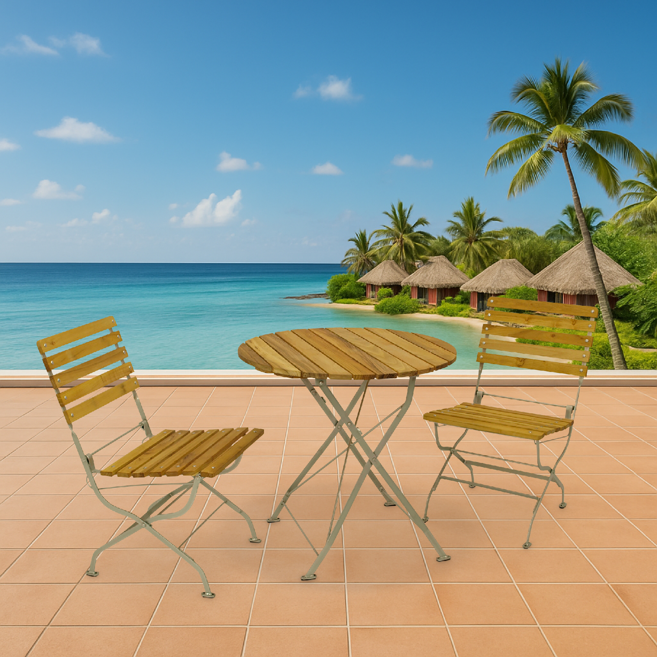 Holztisch und zwei Stühle auf einer Terrasse mit Blick auf das Meer und Hütten.