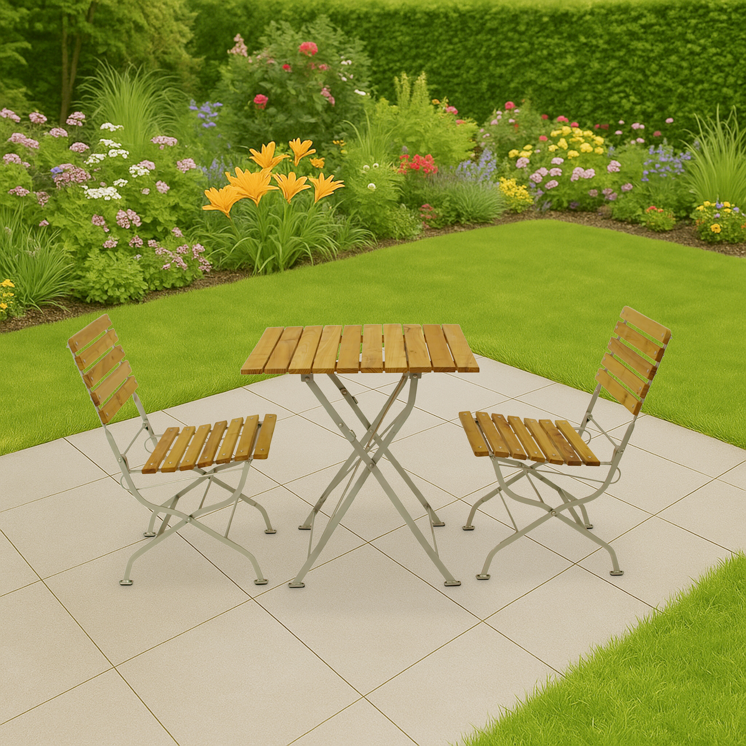 Ein Holztisch und zwei Stühle stehen auf einer Terrasse vor einem blühenden Garten.
