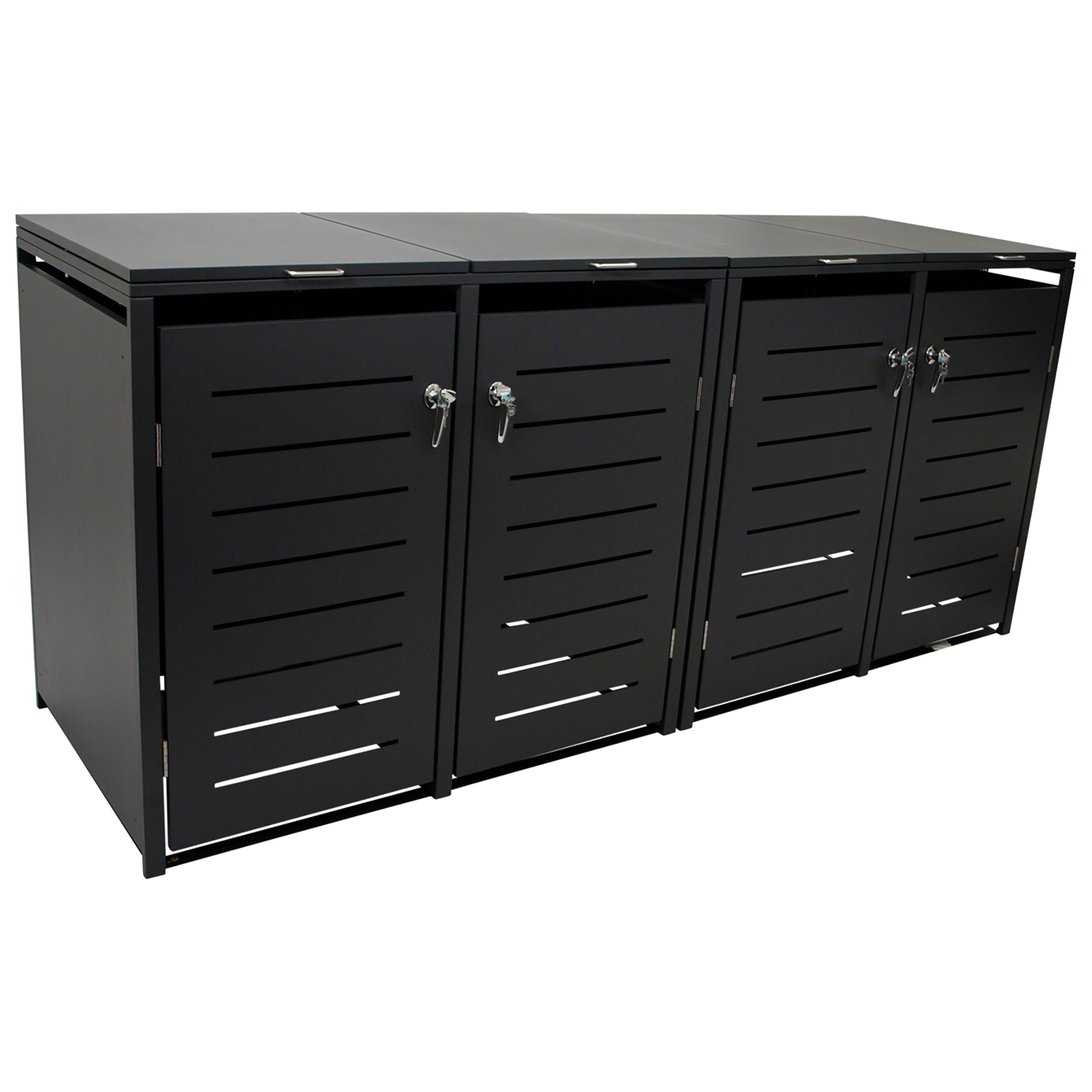 Ein schwarzer Metallschrank mit vier Türen und Schlössern.