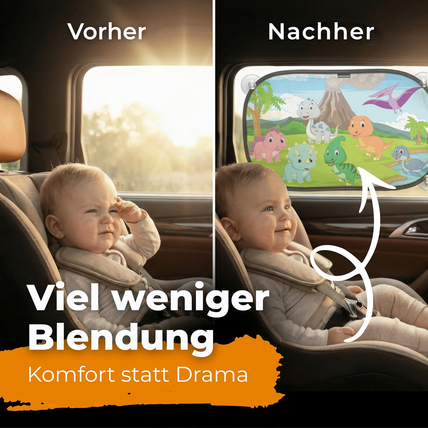 Baby im Auto mit Sonnenschutz, links blendendes Licht, rechts Cartoon-Dinos.