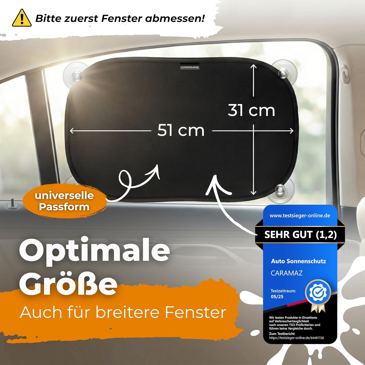 Schwarzer Autosonnenschutz (51x31 cm) mit Saugnäpfen, "Universelle Passform" Aufkleber.