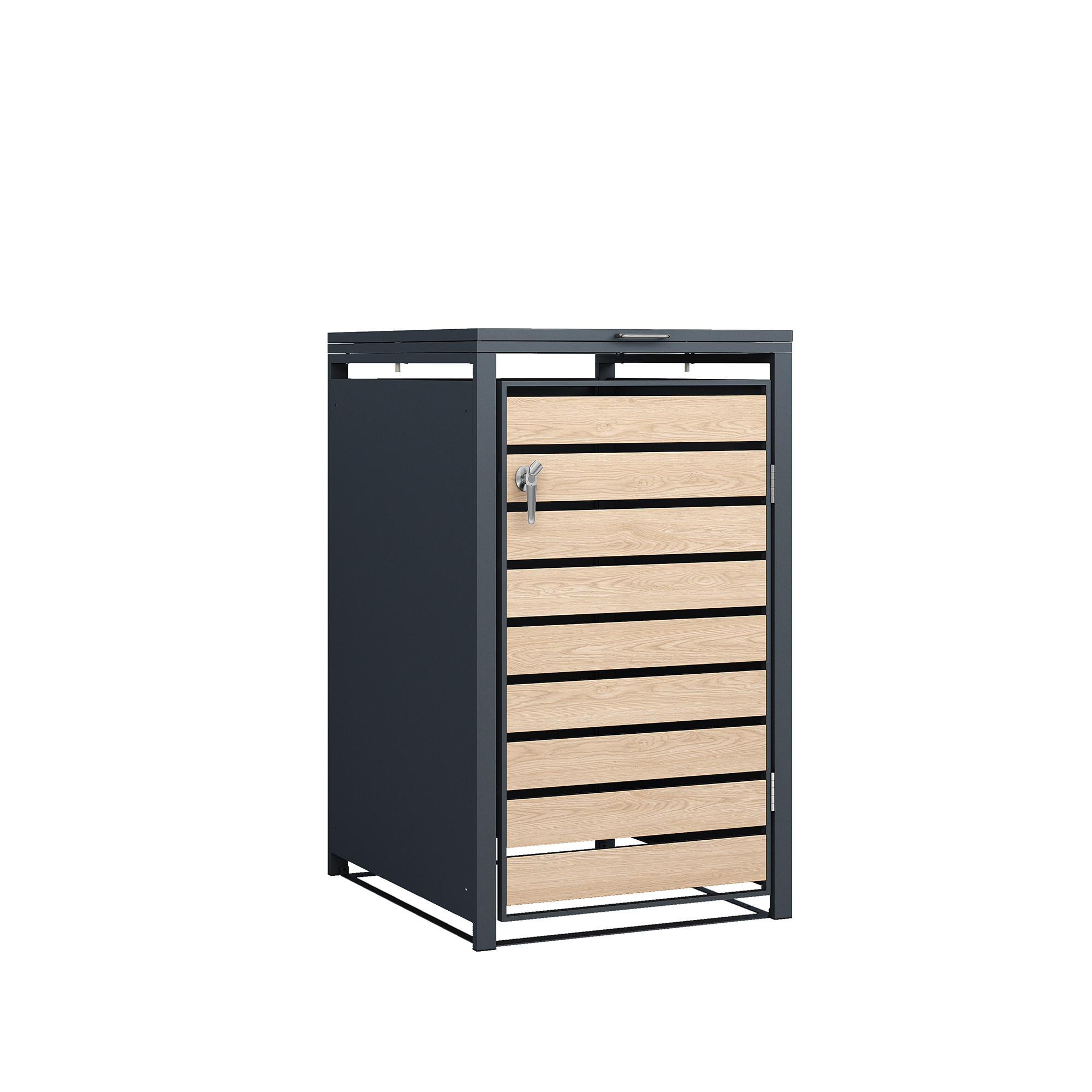 Ein dunkelgrauer Metallschrank mit Holzlattentür und silbernem Griff.
