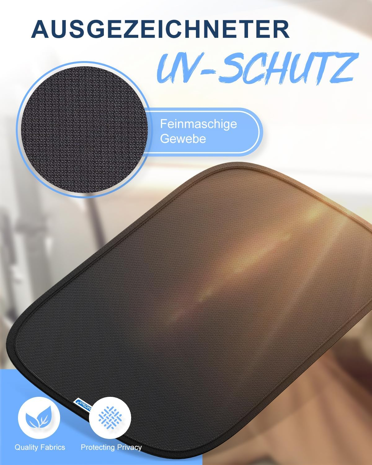 Schwarzer Sonnenschutz für Autos mit "Ausgezeichneter UV-Schutz".