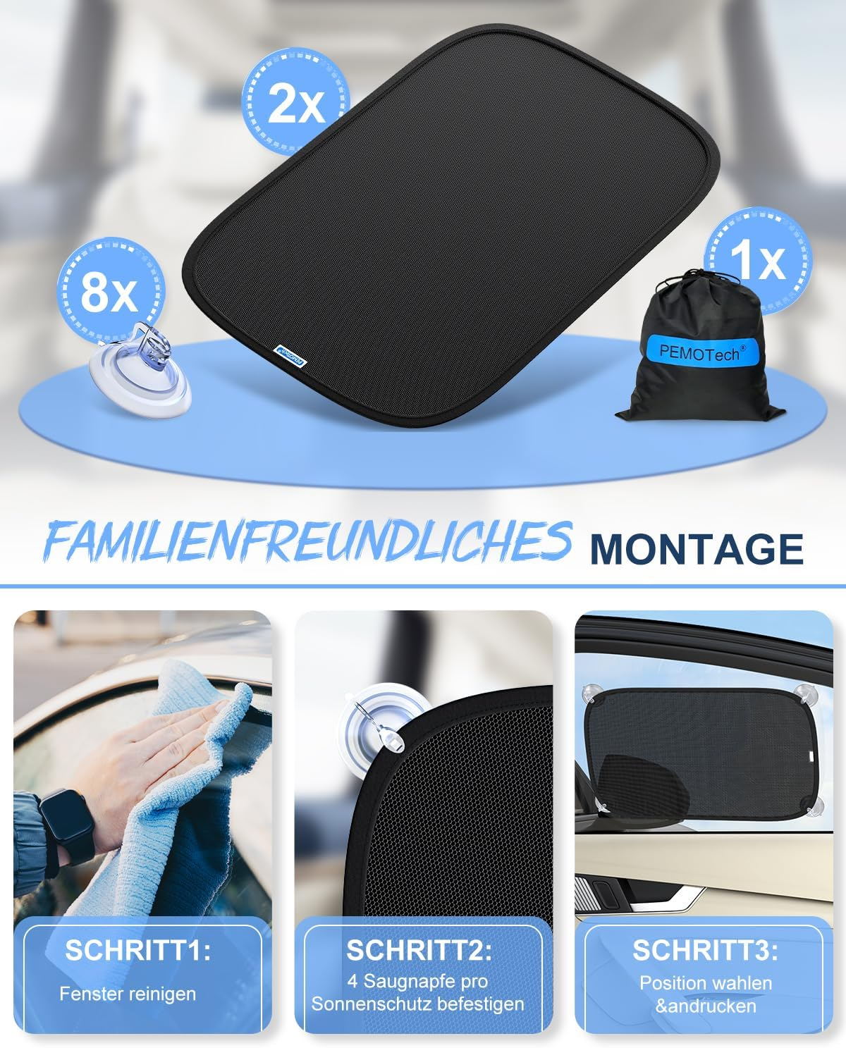 Auto-Sonnenschutz, 8 Saugnäpfe, 2x Netz, 1x Tasche. Montage: Fenster reinigen, befestigen, positionieren.