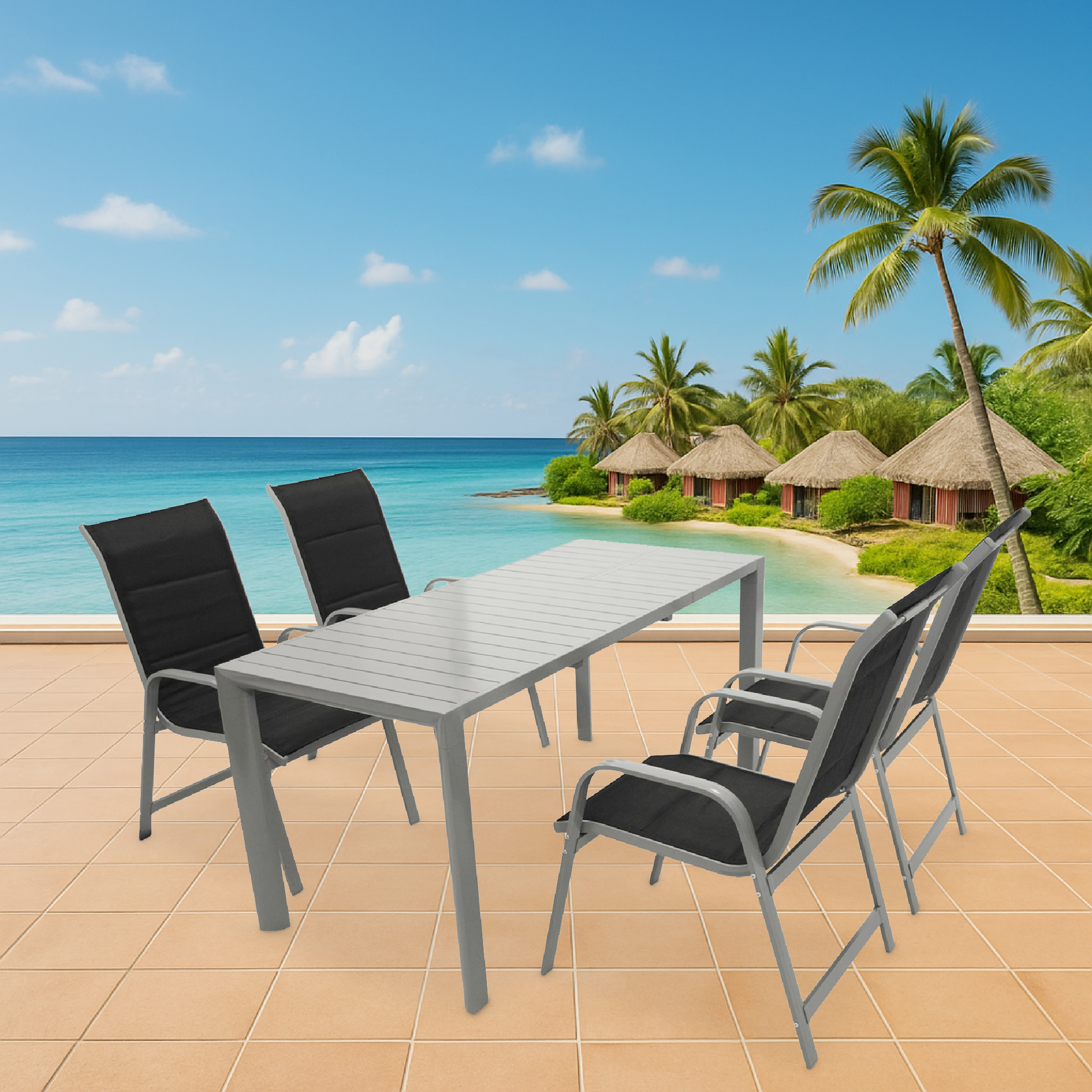 Ein Tisch mit vier Stühlen auf einer Terrasse mit Blick auf das Meer und Hütten.