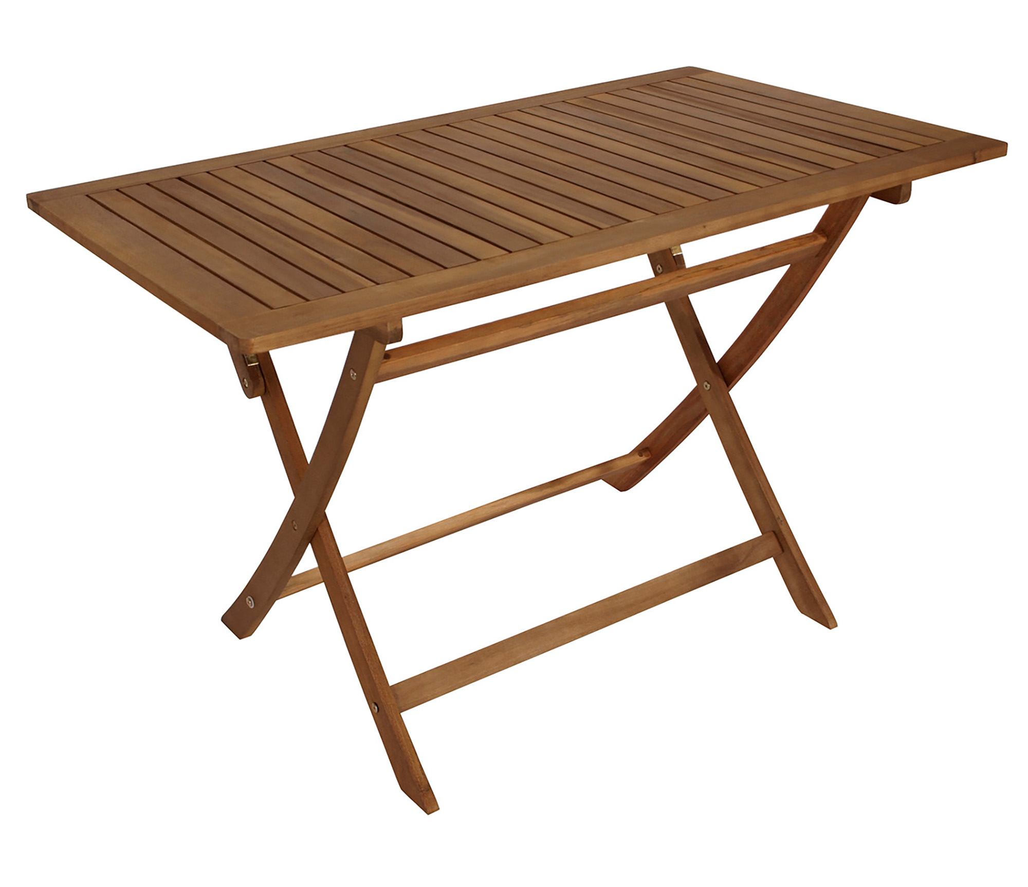 Ein brauner Holztisch mit klappbarem Gestell.