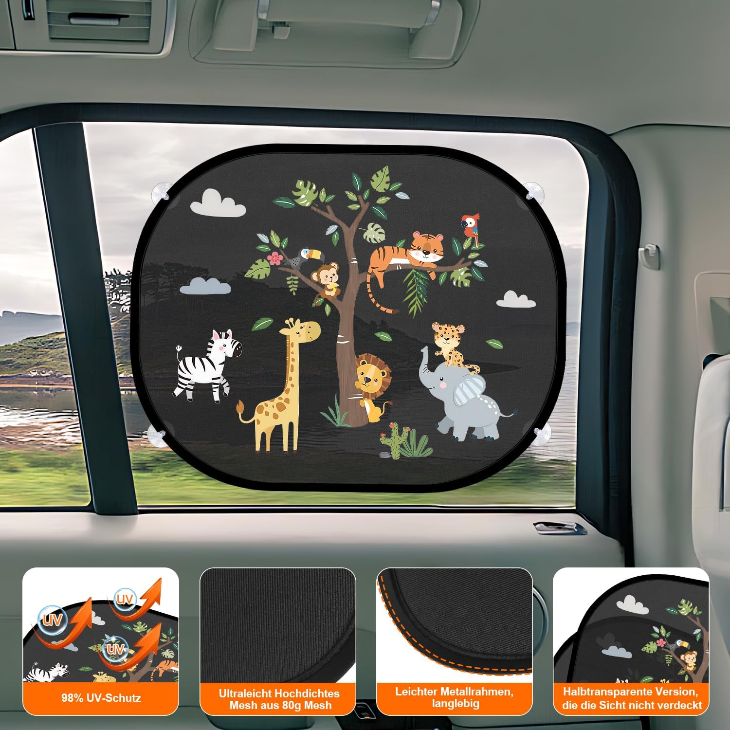 Autofenster-Sonnenschutz mit Dschungeltieren: Elefant, Giraffe, Zebra, Löwe, Tiger, Affe, Leopard, Papagei.