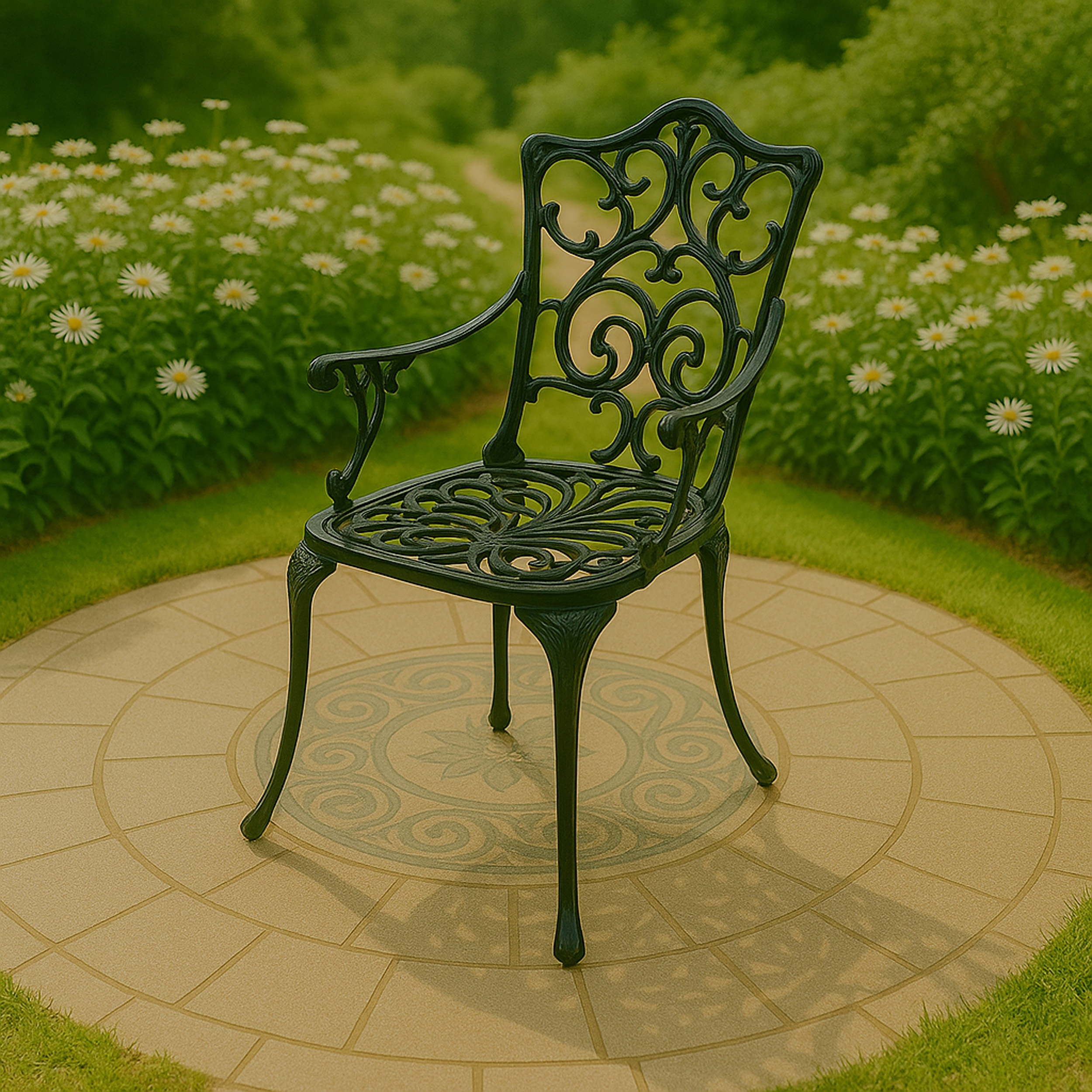 Eine schwarze Schmiedeeisen-Gartenstuhl steht auf einem runden Steinpflaster mit Blumen im Hintergrund.