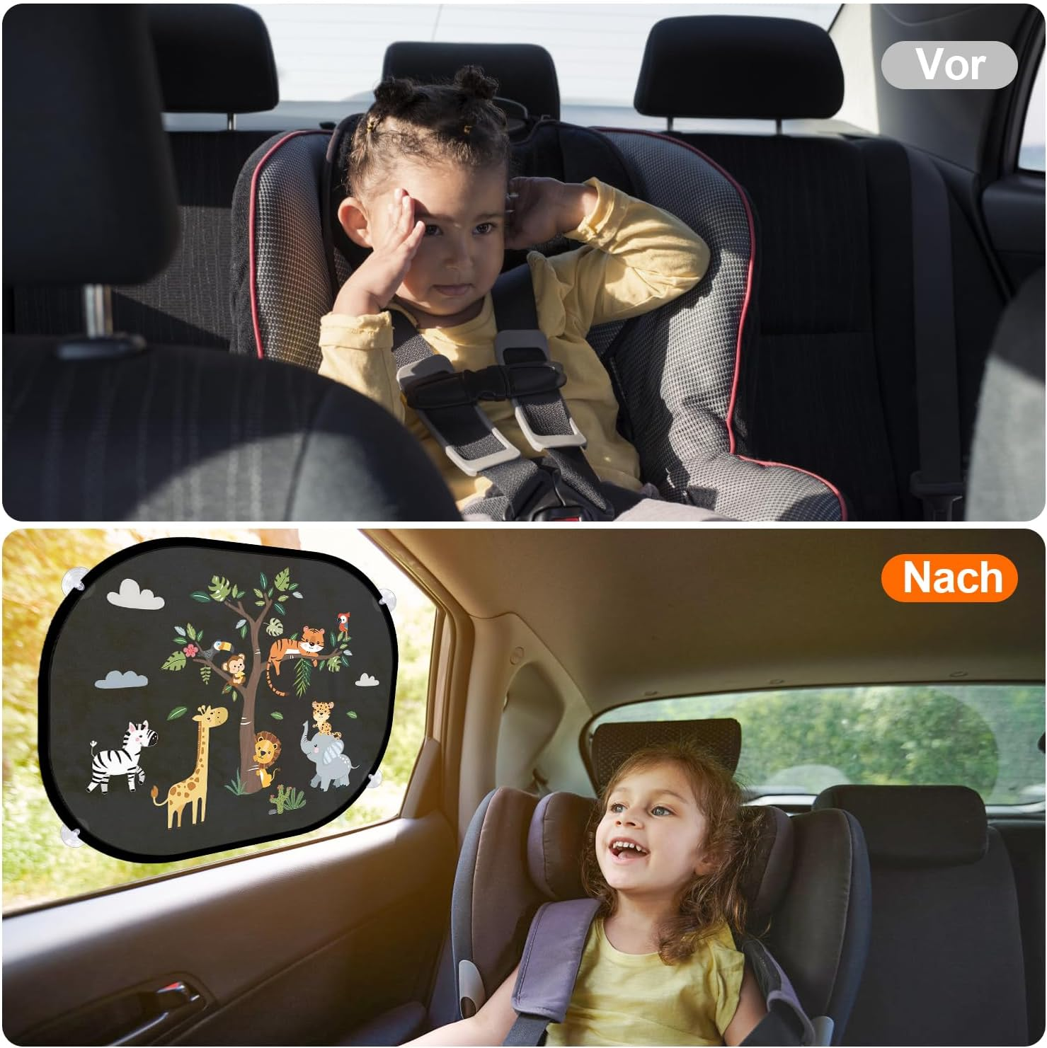 Zwei Bilder eines Kindes im Auto: Oben ohne Sonnenschutz, unten mit buntem Tiersonnenschutz.