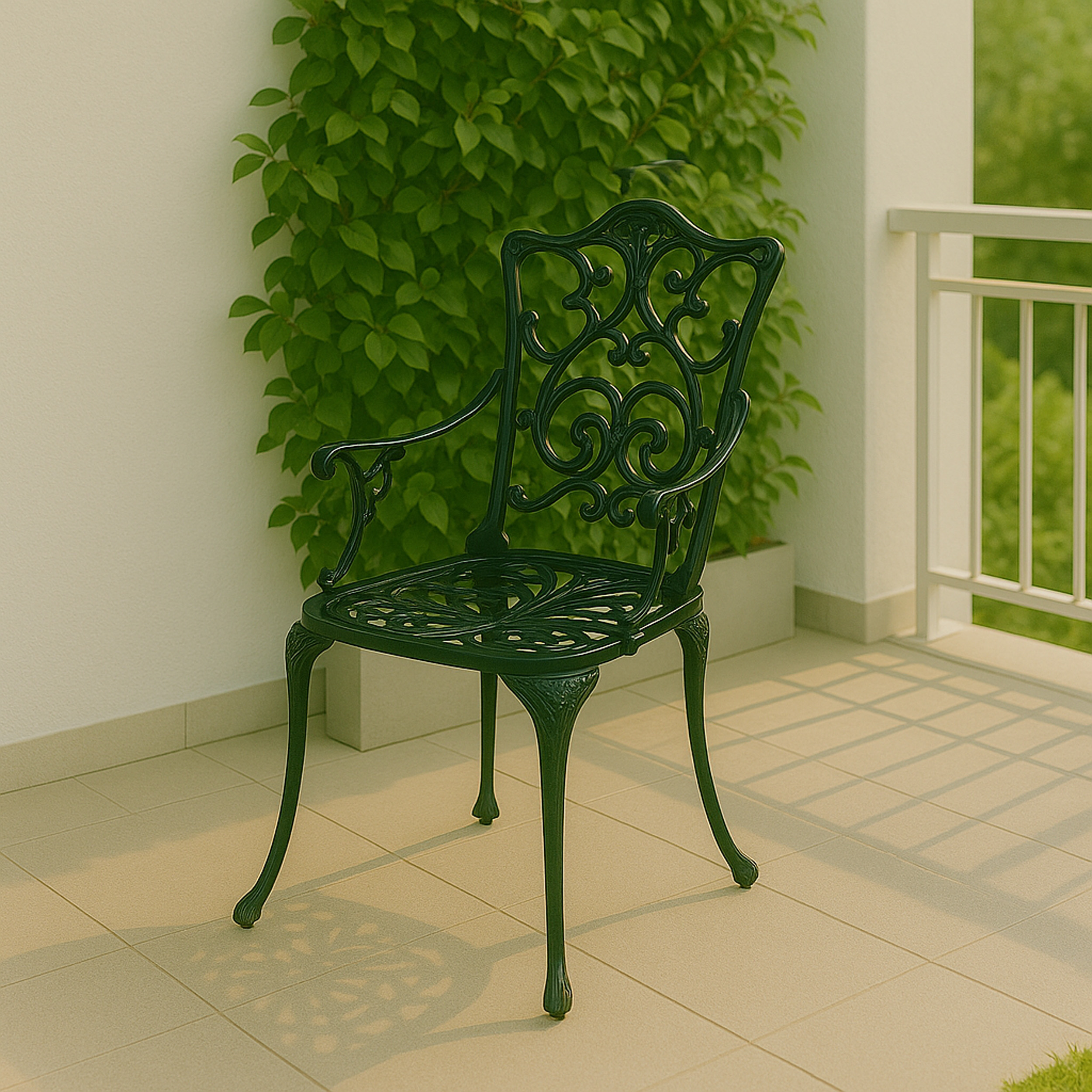 Ein dunkler schmiedeeiserner Stuhl mit filigranen Mustern auf einer gefliesten Terrasse.