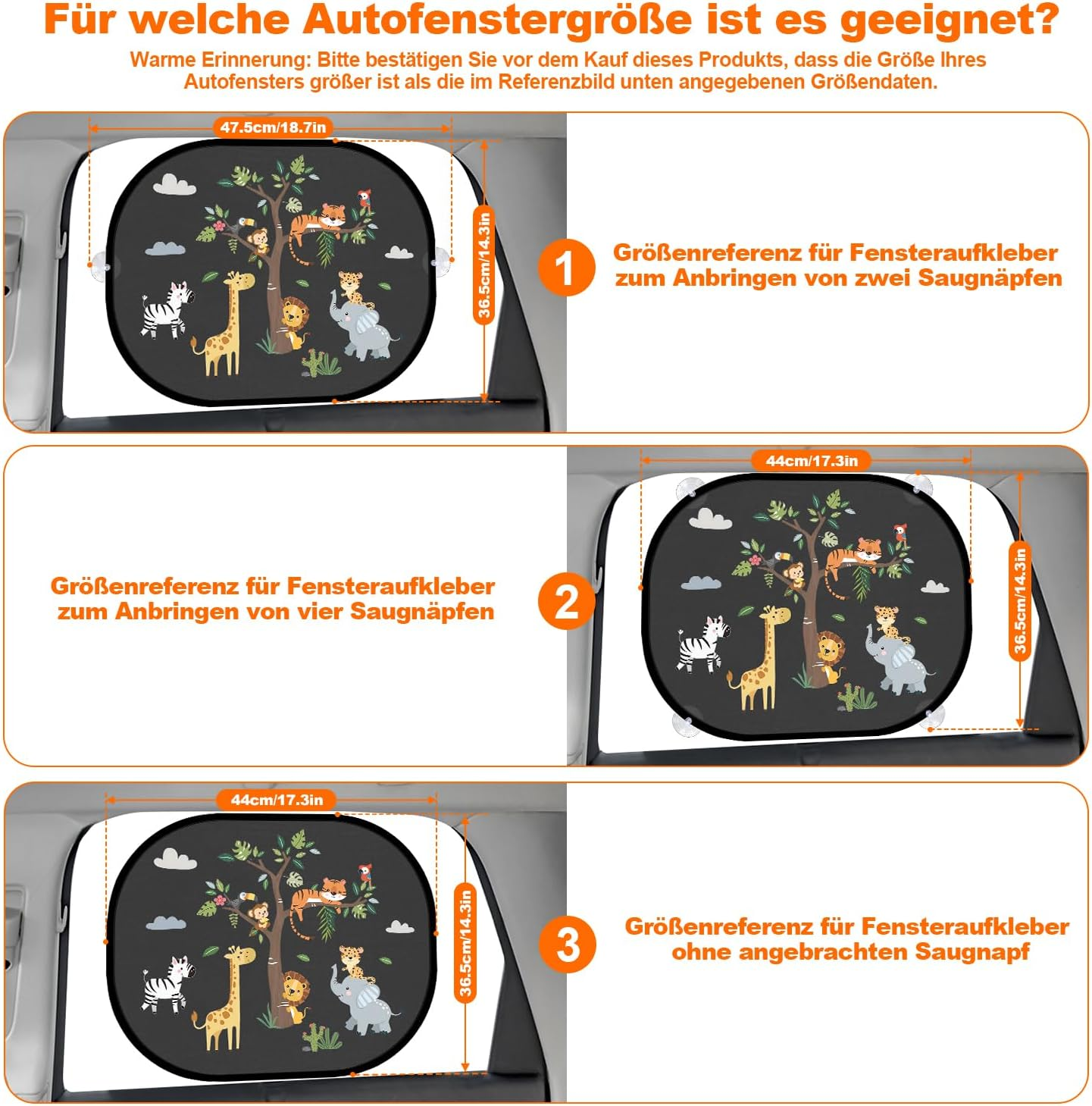 Drei Autofenster-Sonnenschutzgitter mit Tier-Design und Maßen.