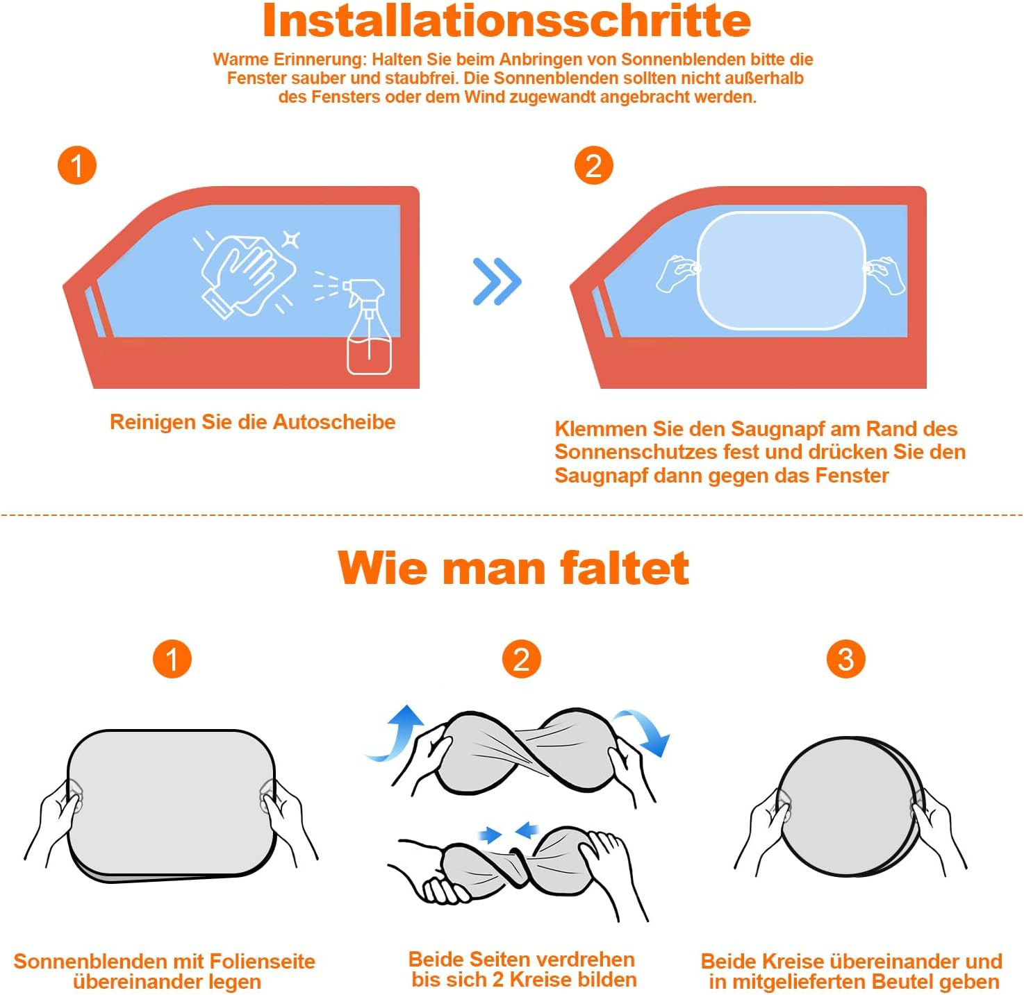 Schritt-für-Schritt-Anleitung zur Installation und Faltung von Auto-Sonnenblenden.