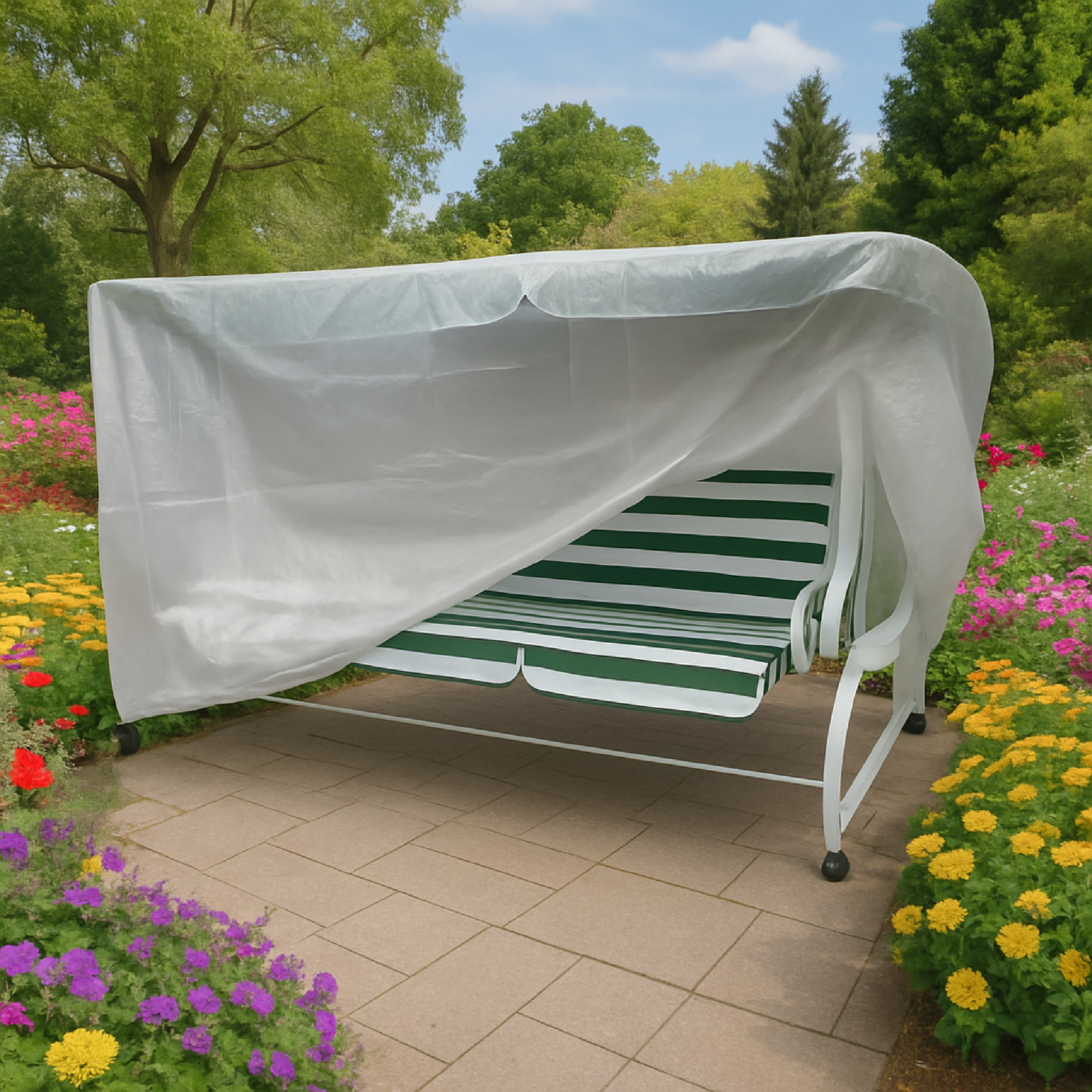 Eine weiße Schutzhülle bedeckt eine Gartenschaukel mit grün-weißen Streifen.