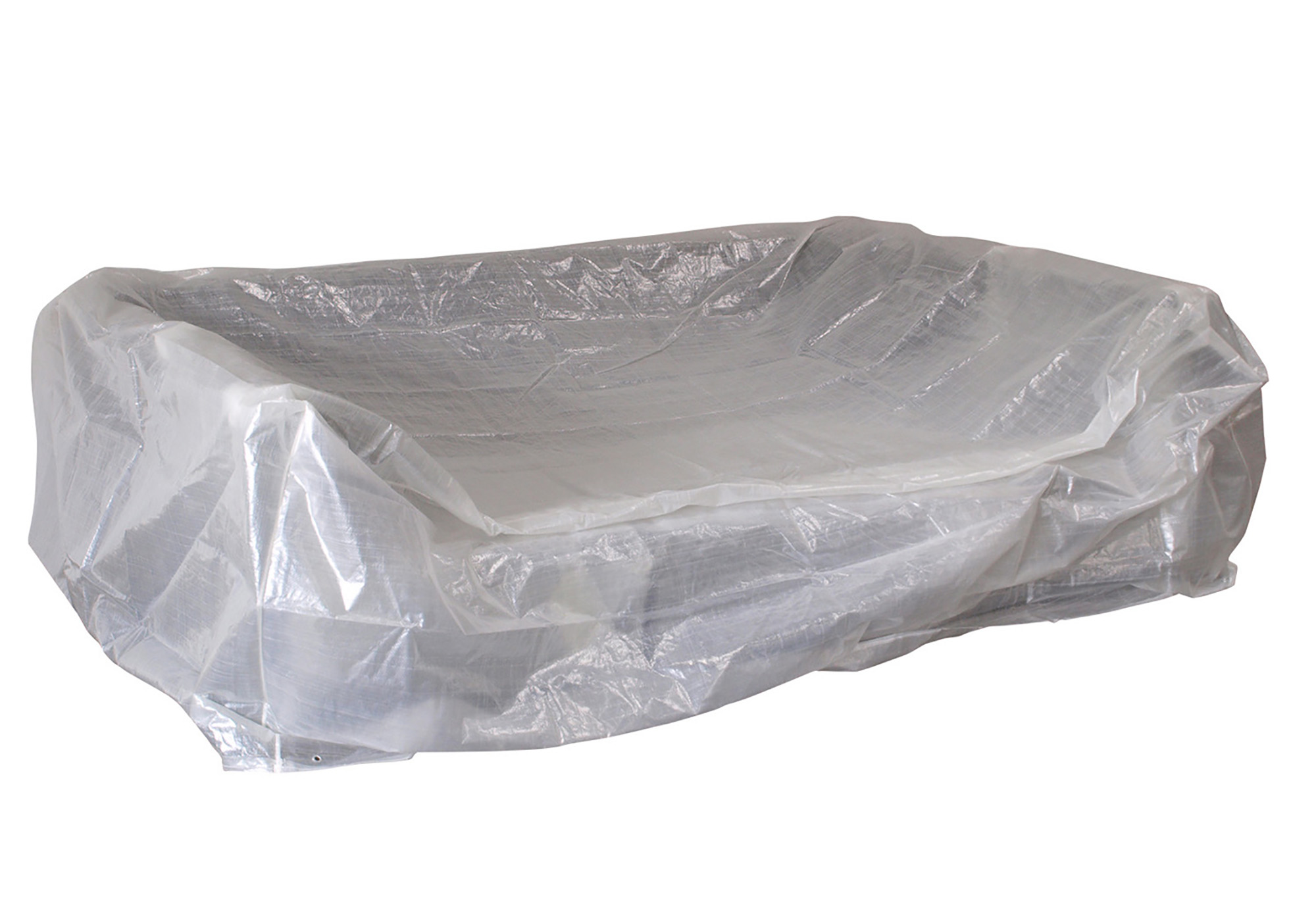 Eine rechteckige Couch, die in durchsichtige Plastikfolie eingewickelt ist.