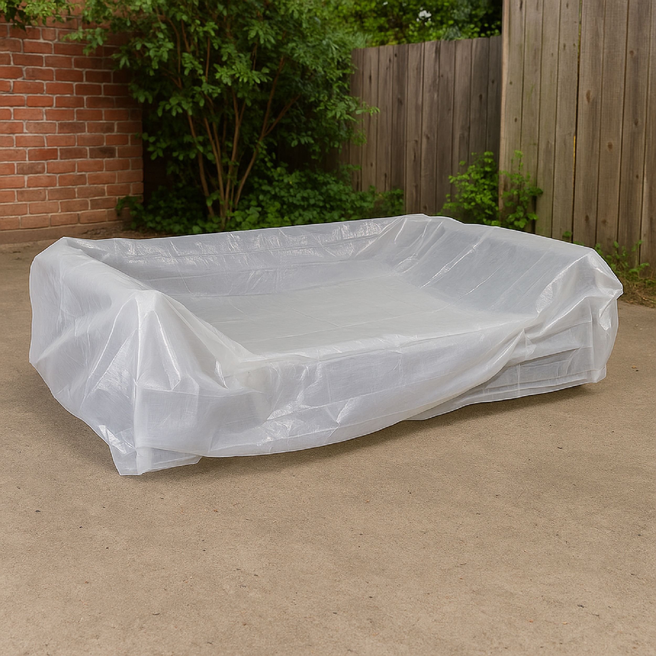 Ein weier Plastikschutz bedeckt ein Sofa im Freien, um es vor Witterungseinflüssen zu schützen.