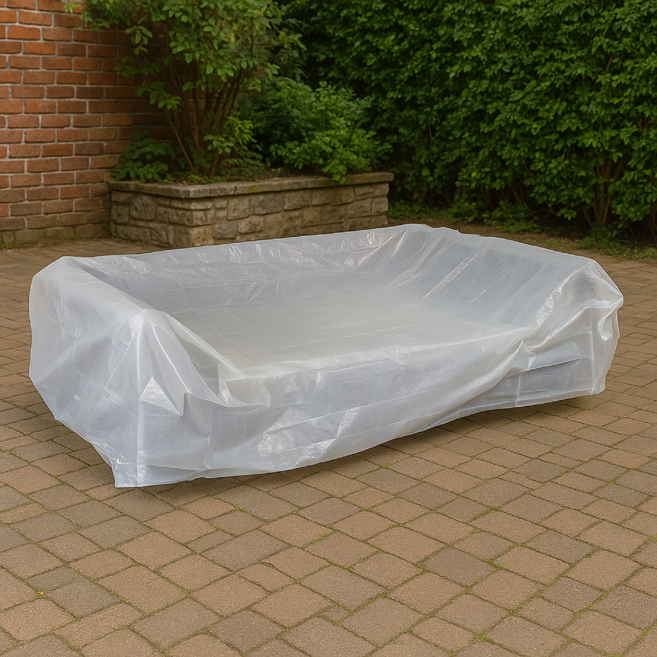 Ein wei abgedecktes Gartenmbel steht auf einem Pflasterweg.