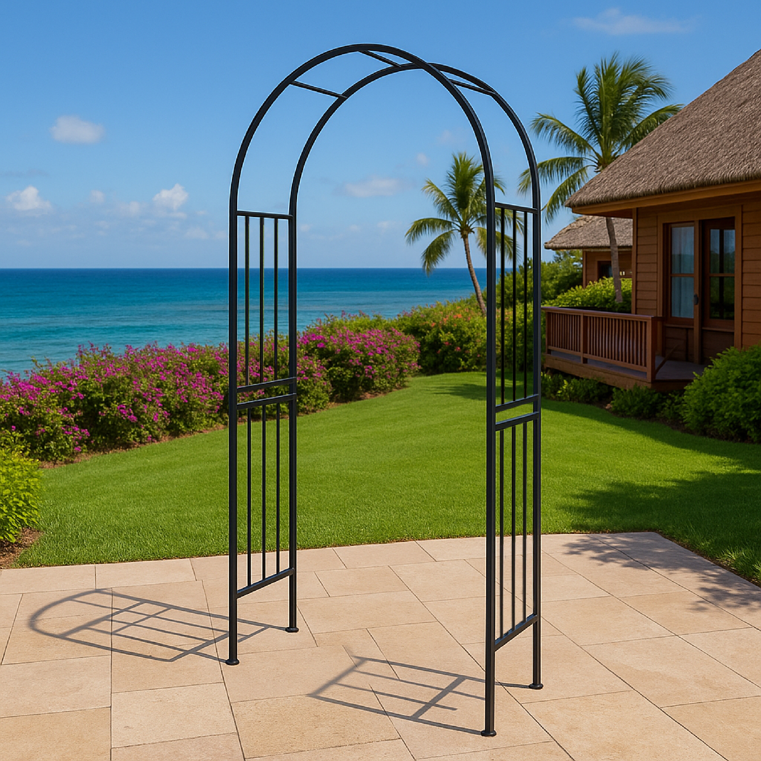 Ein schwarzer Metallbogen steht auf einer gepflasterten Terrasse mit Blick auf das Meer.