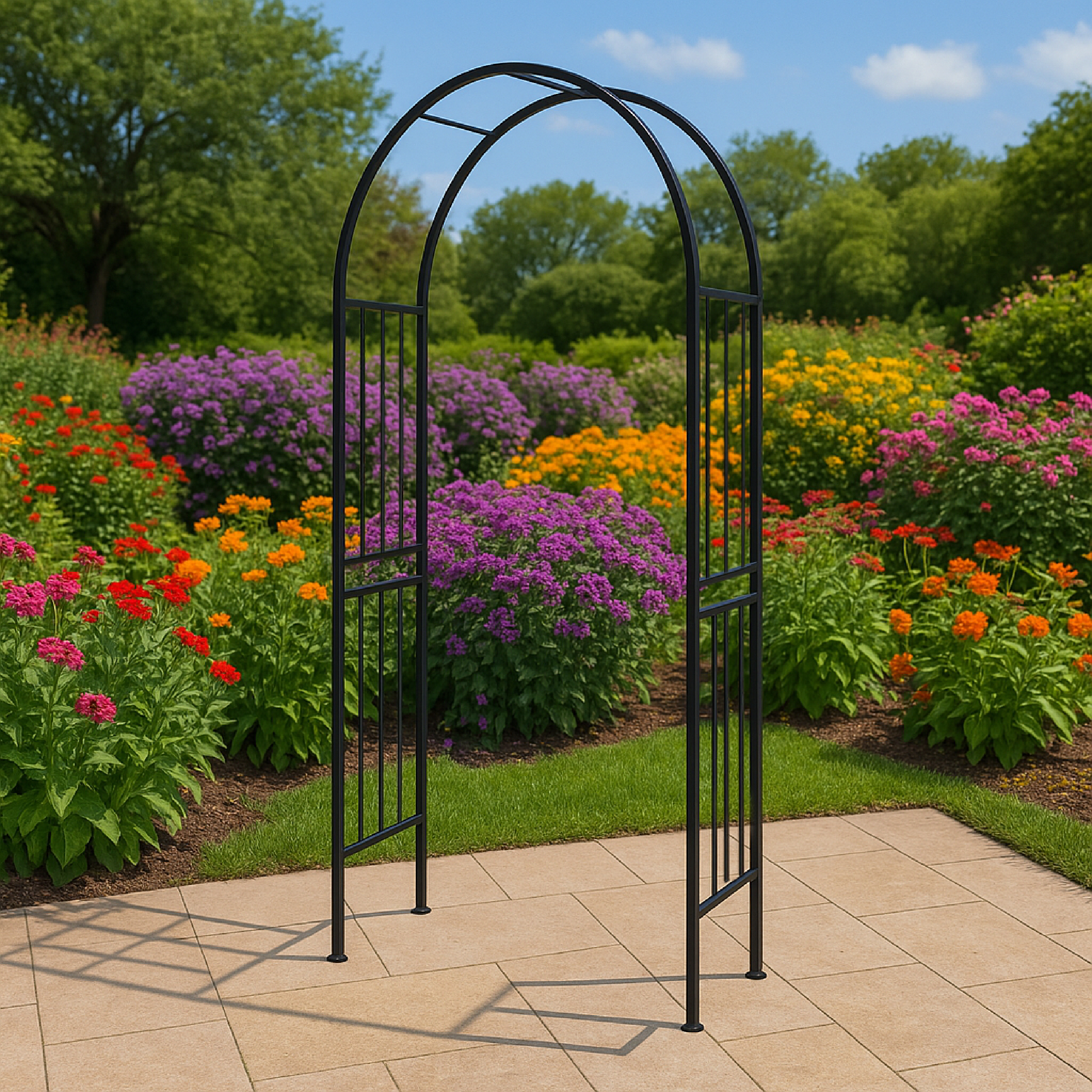 Ein schwarzer Metallbogen steht auf einer gepflasterten Terrasse vor einem Garten mit bunten Blumen.