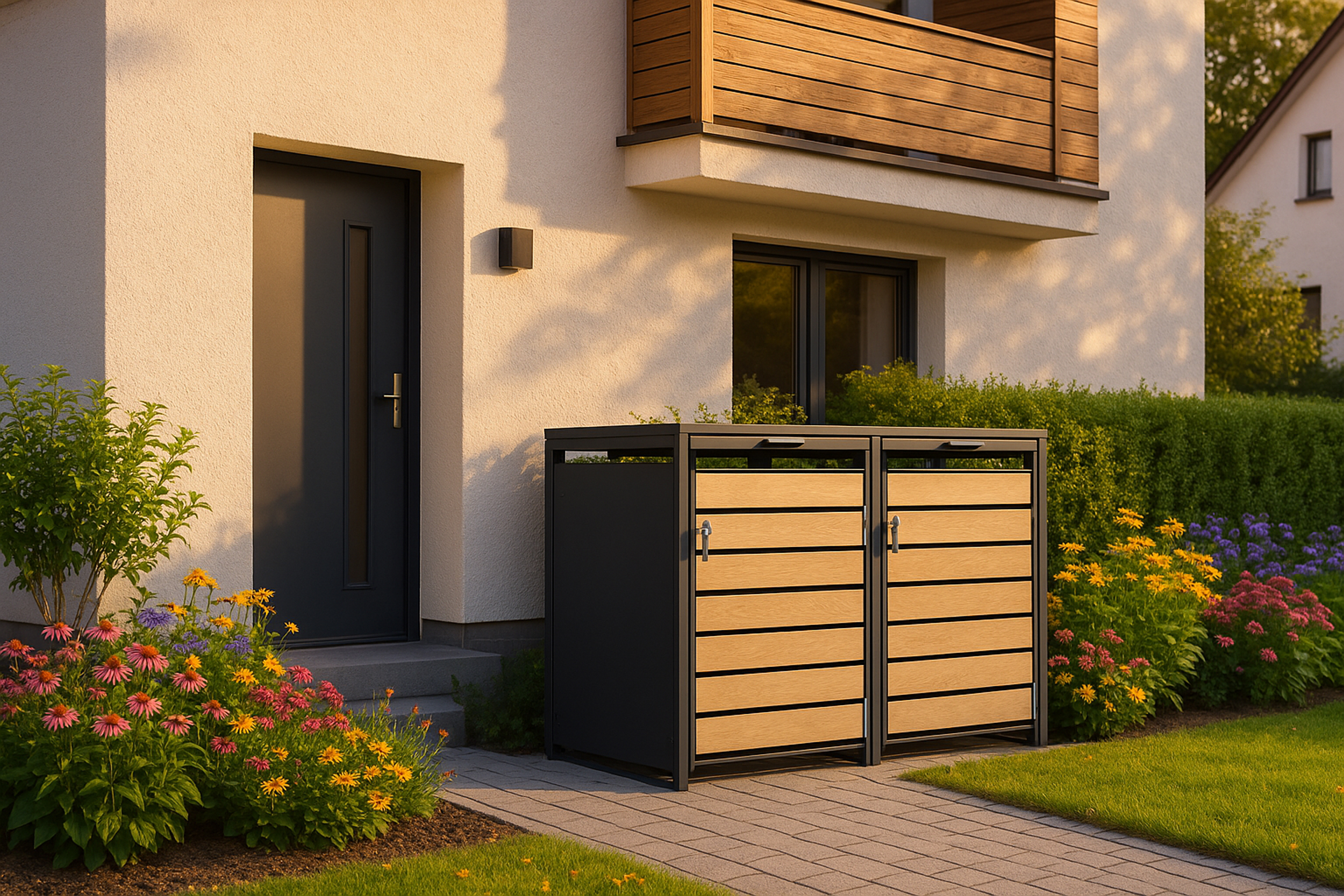 Zwei hölzerne Mülltonnen stehen vor einem Haus mit Blumen und Büschen.