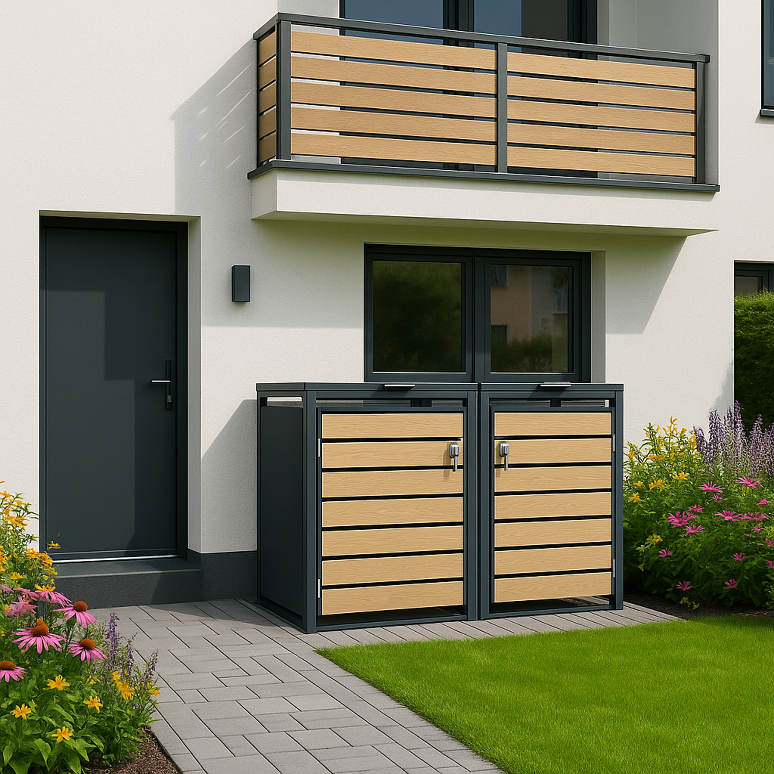 Moderne Mülltonnenboxen aus Holz und Metall vor einem Haus mit Balkon und Blumen.