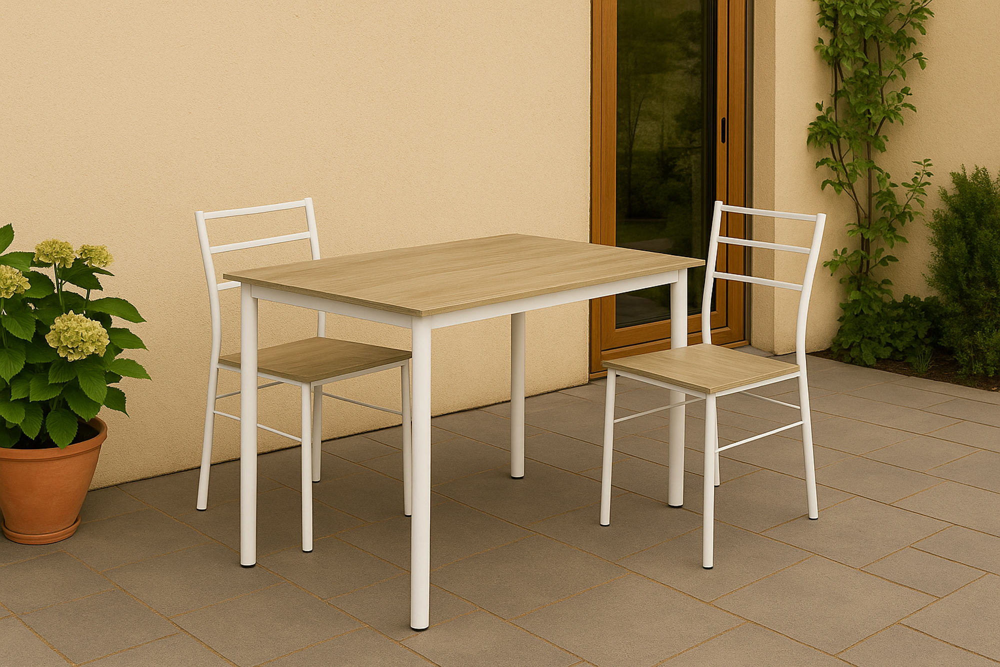 Ein Holztisch mit weißen Stuhlbeinen und zwei weißen Stühlen auf einer Terrasse.