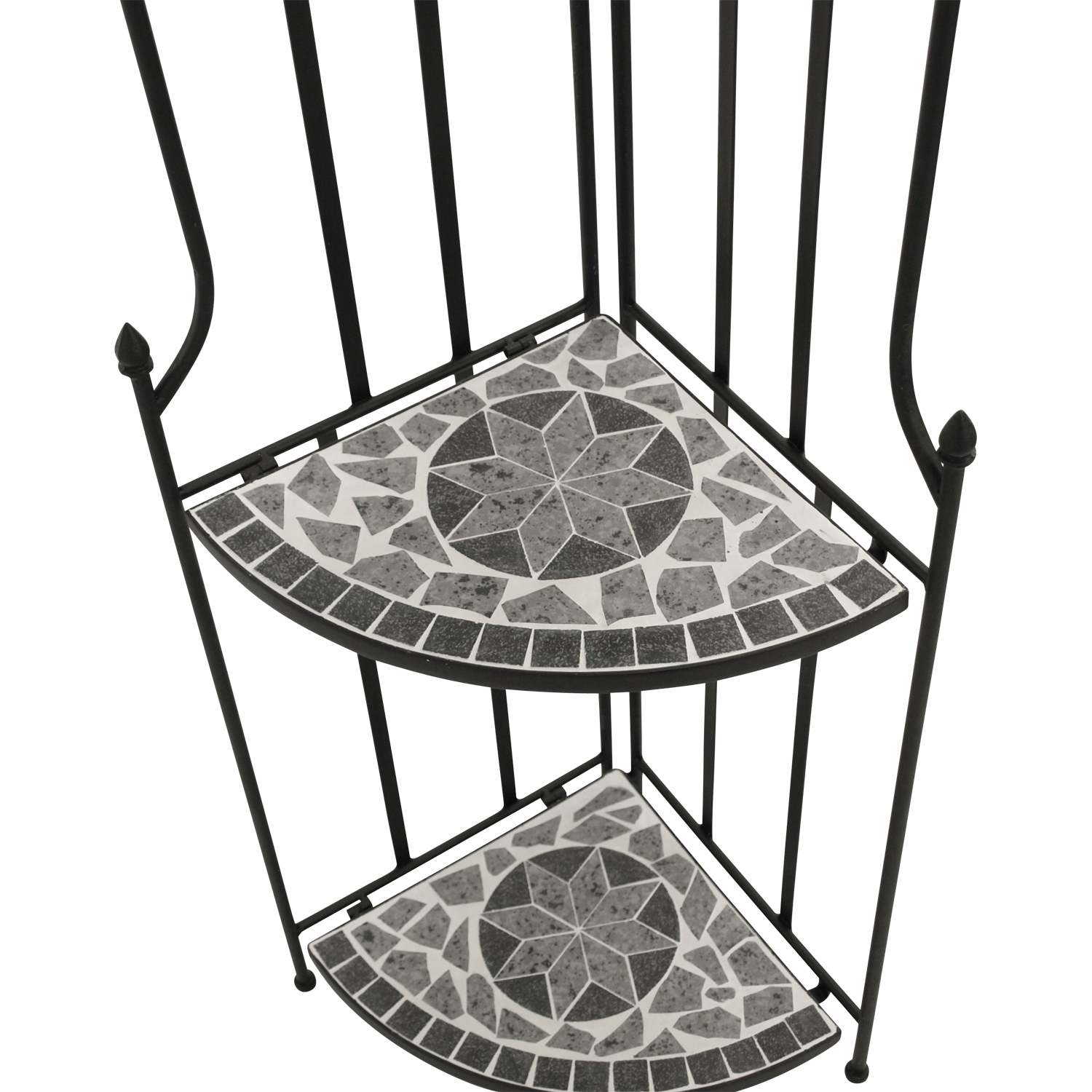 Zweistöckiges Regal aus schwarzem Metall mit Mosaikplatten in Grau und Weiß.