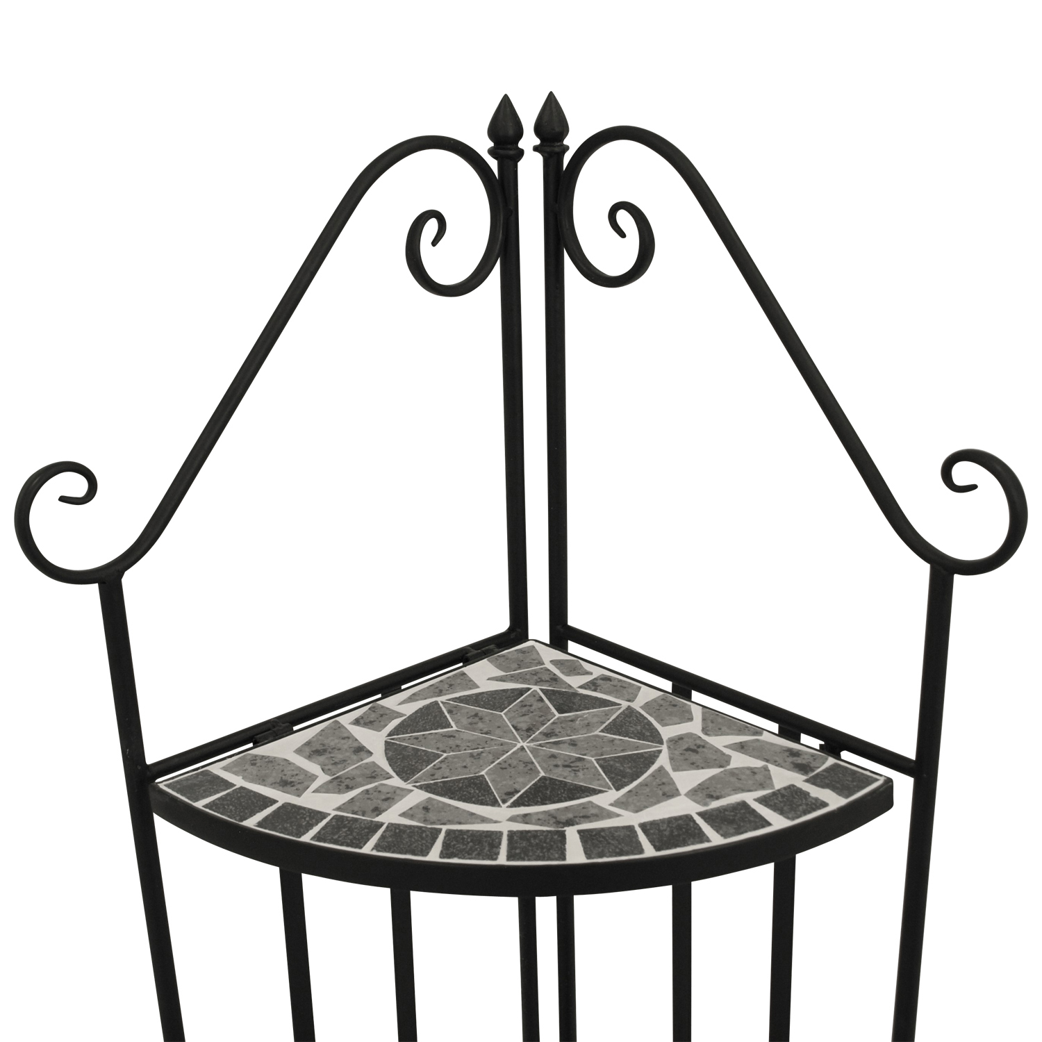 Eckregal aus schwarzem Metall mit Mosaikplatte, Sternmuster.