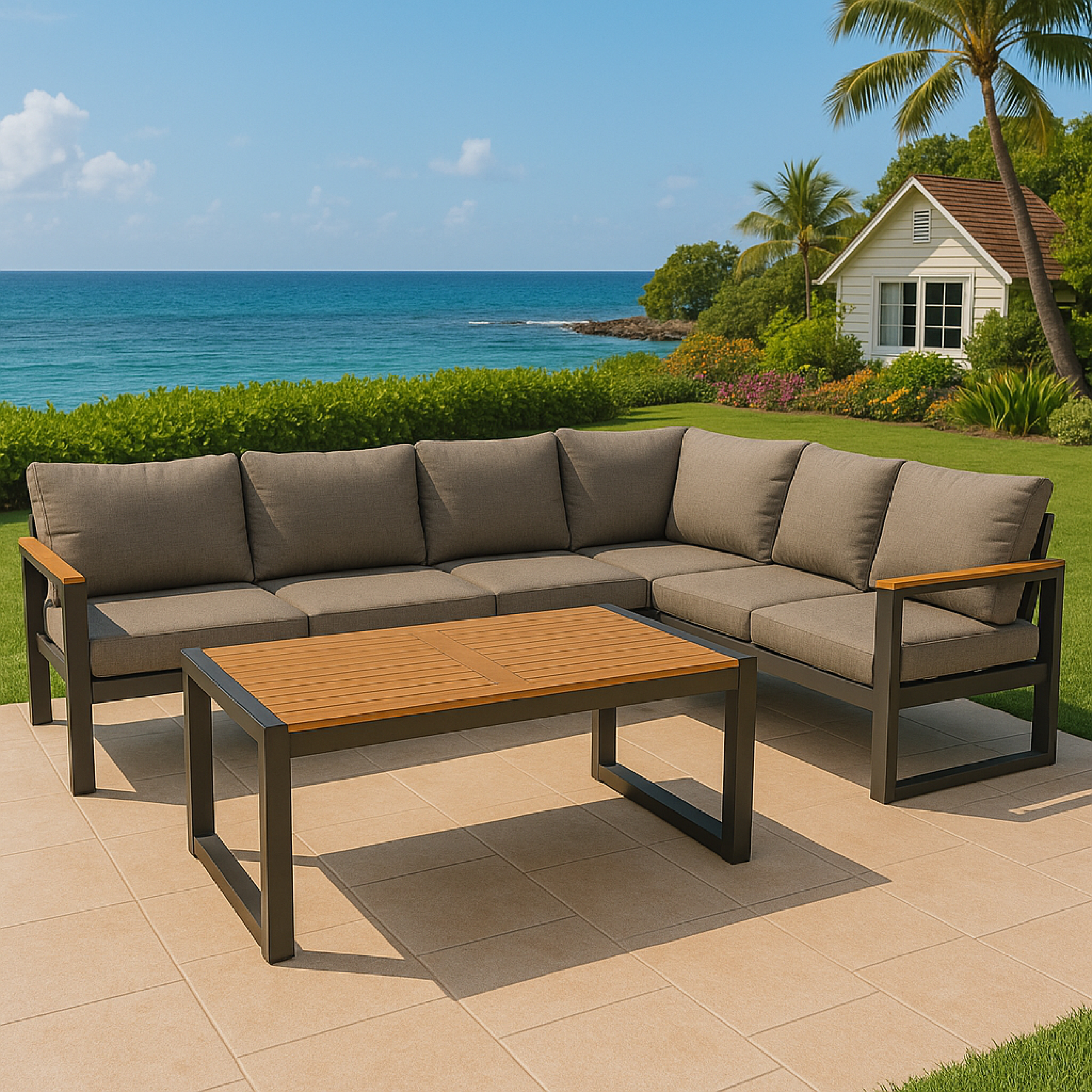 Graue Lounge-Ecke mit Holzakzenten und Holztisch am Meer.