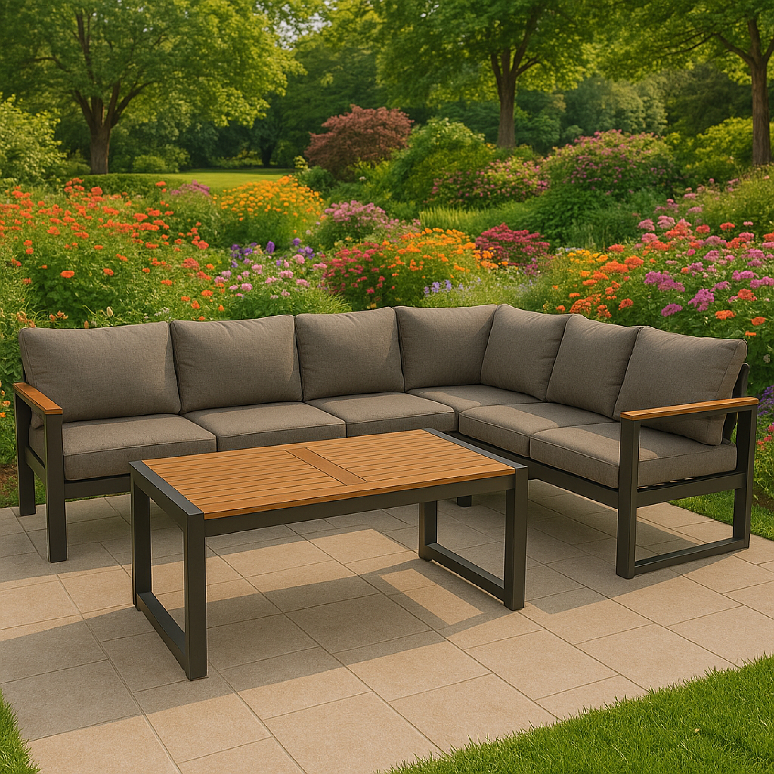 Graue Eckcouch und Holztisch auf einer gefliesten Terrasse mit Blumen im Hintergrund.