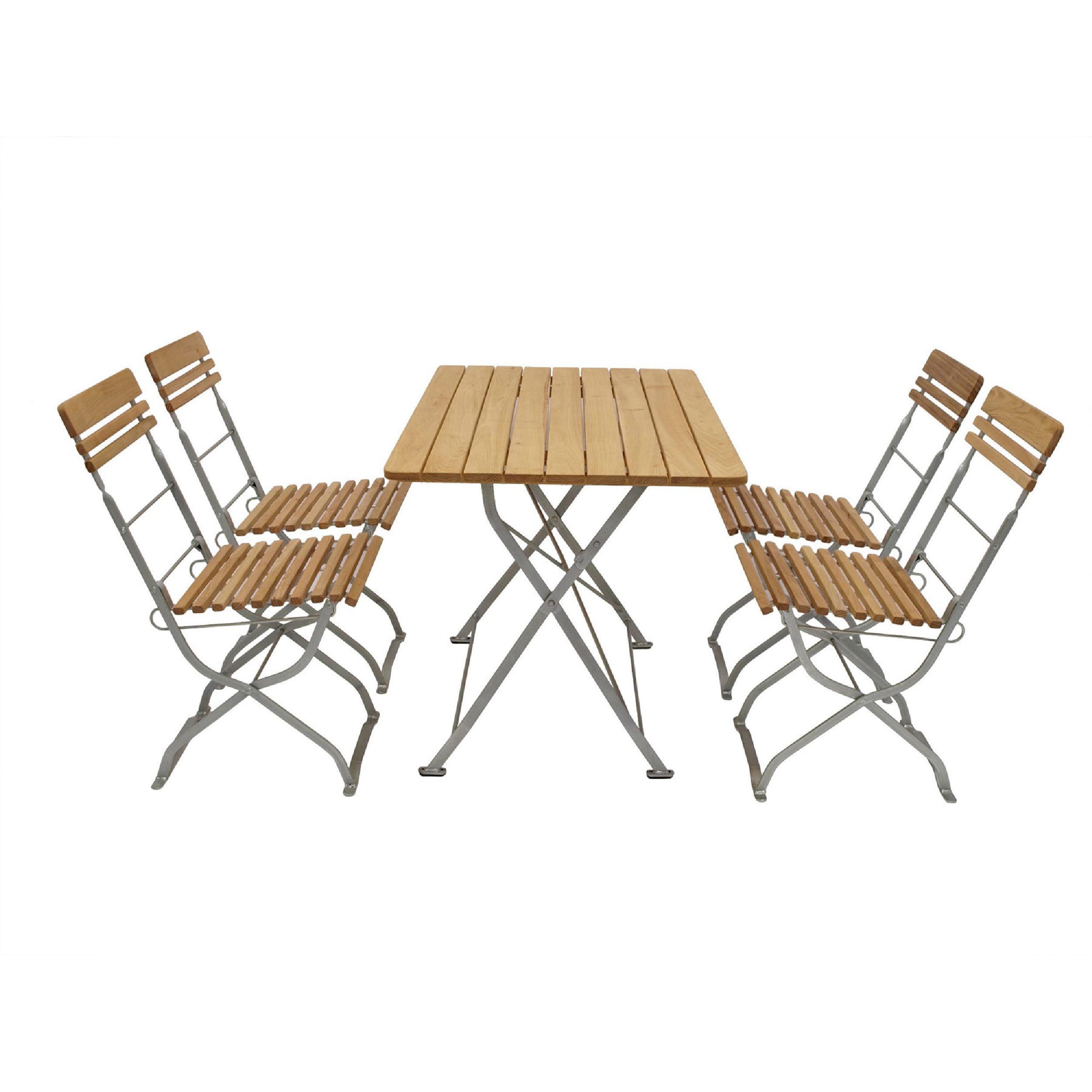 Ein Holztisch mit vier Holzstühlen mit Metallgestell, freigestellt.