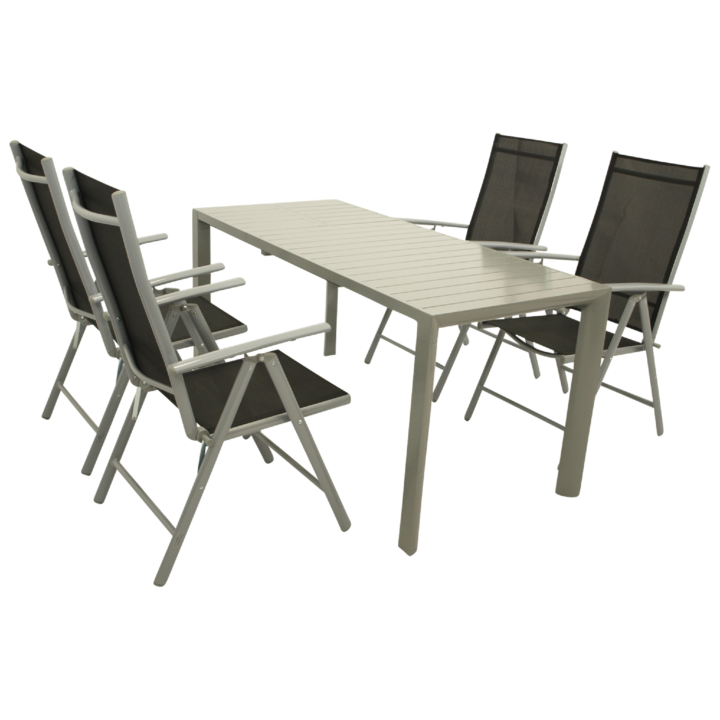 Ein grauer Tisch mit vier Stühlen, alle aus Metall und schwarzem Stoff.