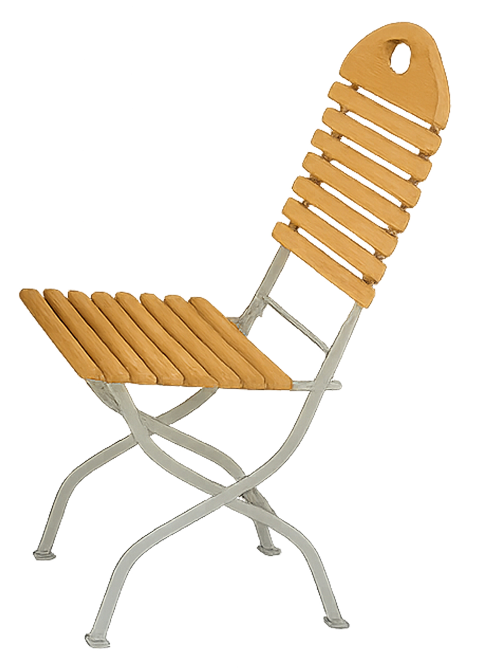 Ein hölzerner Klappstuhl mit Metallgestell.