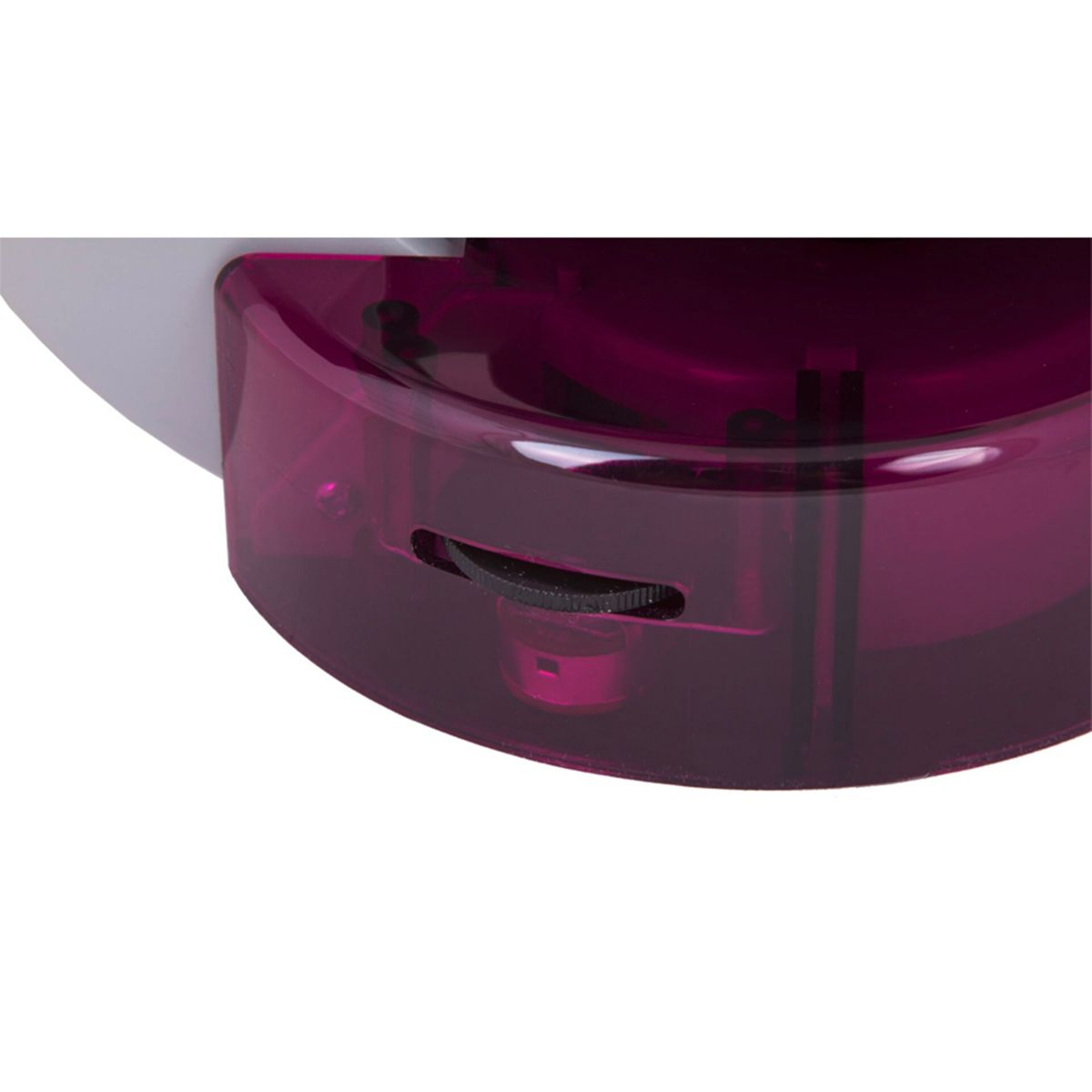 Nahaufnahme eines violetten Kunststoffgehäuses mit einem schwarzen Einstellrad.