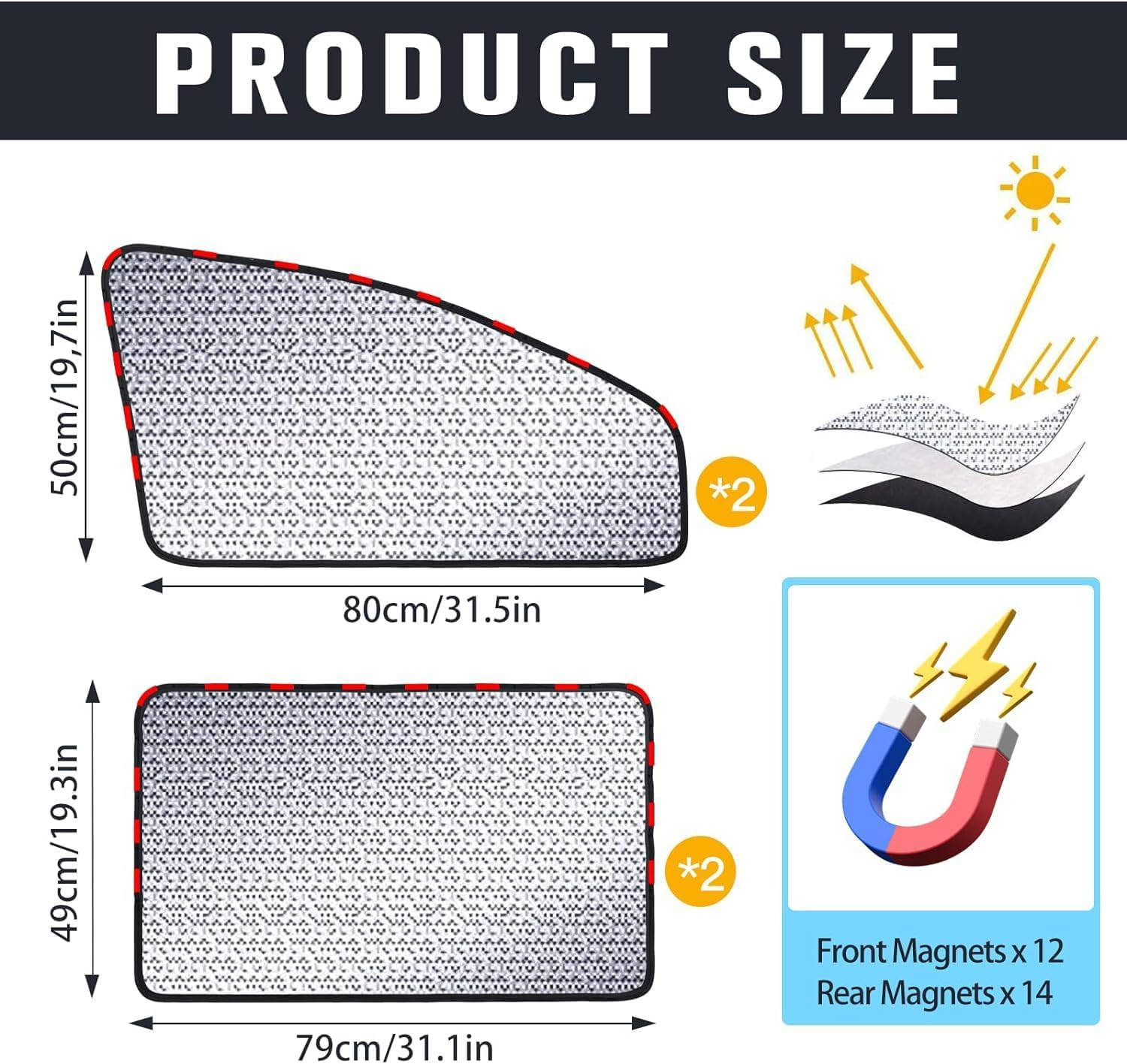 Produktgrößenübersicht: zwei Sonnenschutzgitter mit Maßen und Magneten.