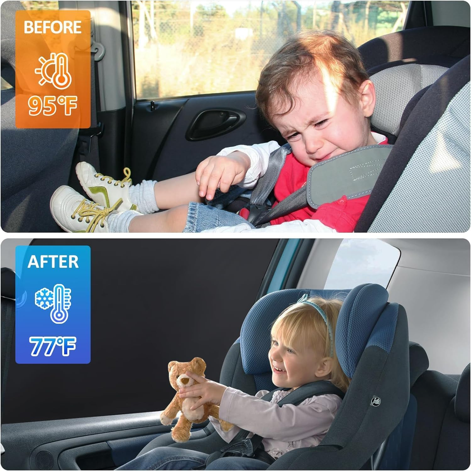Vorher: Ein weinendes Kind im Autositz bei 35°C. Nachher: Ein lächelndes Kind mit Teddy bei 25°C.