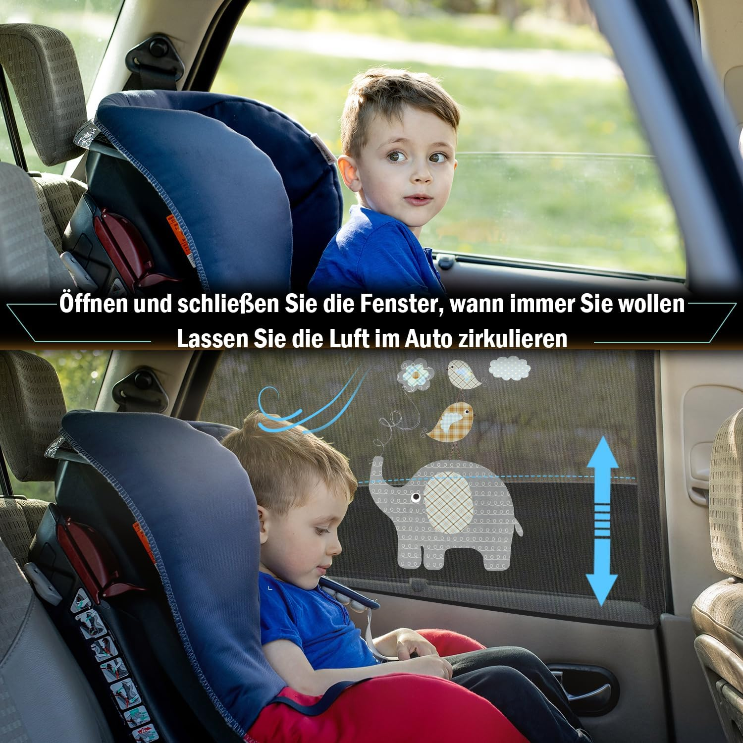 Junge im Auto sitzt in Kindersitz, Fenster mit Sonnenschutz