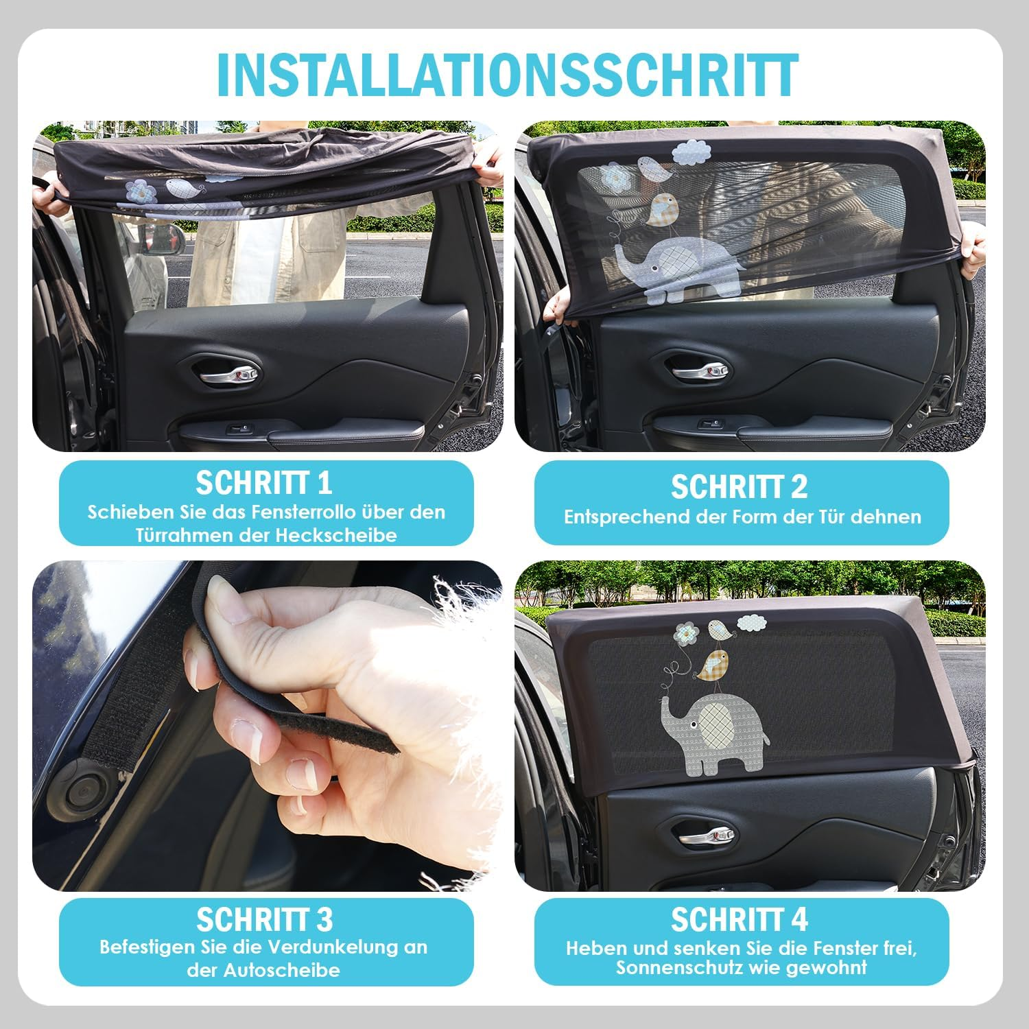 Anleitung für Sonnenschutz: Anbringen, Dehnen, Befestigen, Fenstertest.
