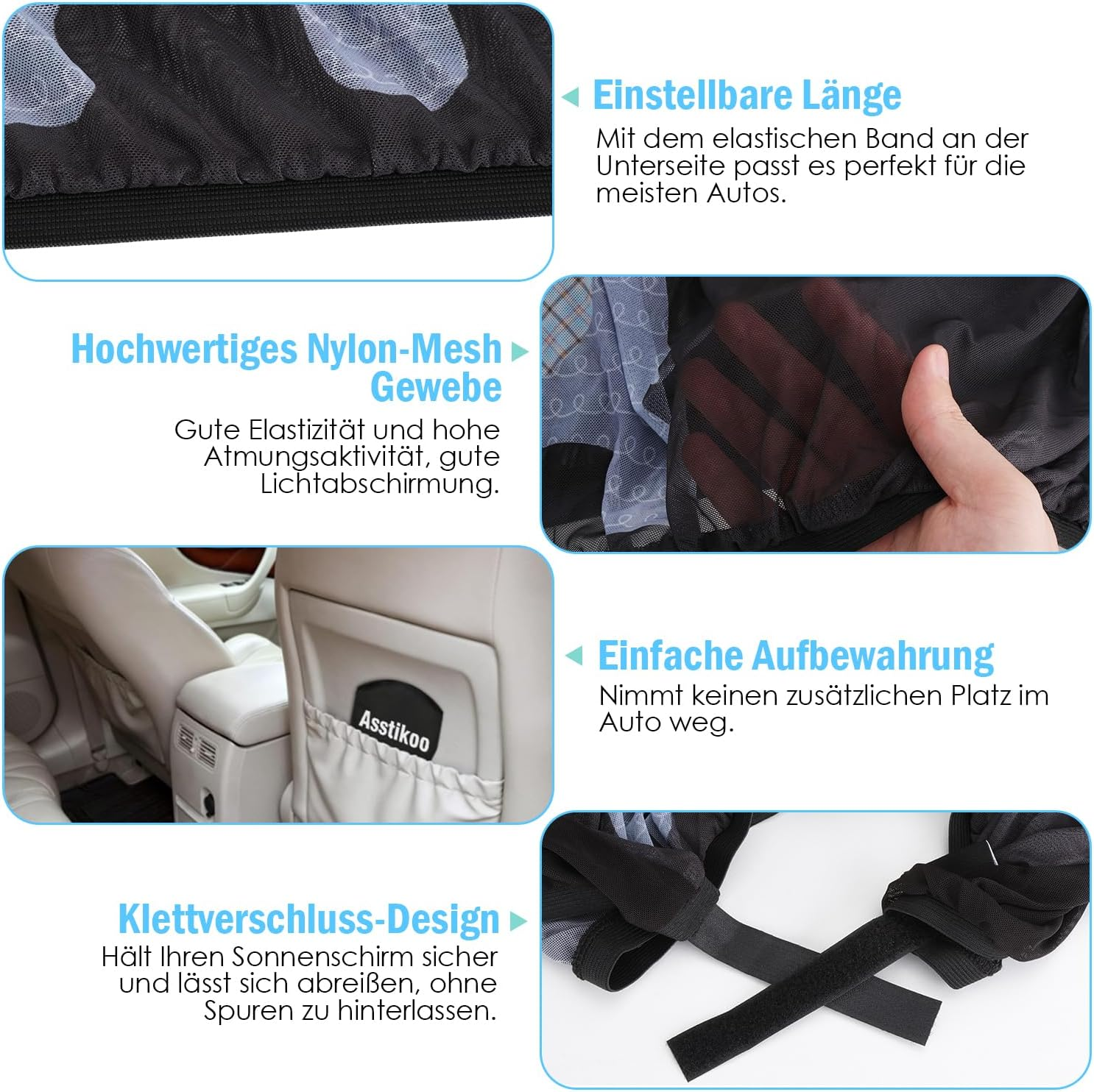 Detailansicht eines schwarzen Netzgewebes mit elastischem Band. Daneben sind Auto-Innenraum, Stoffprobe und Klettverschluss.