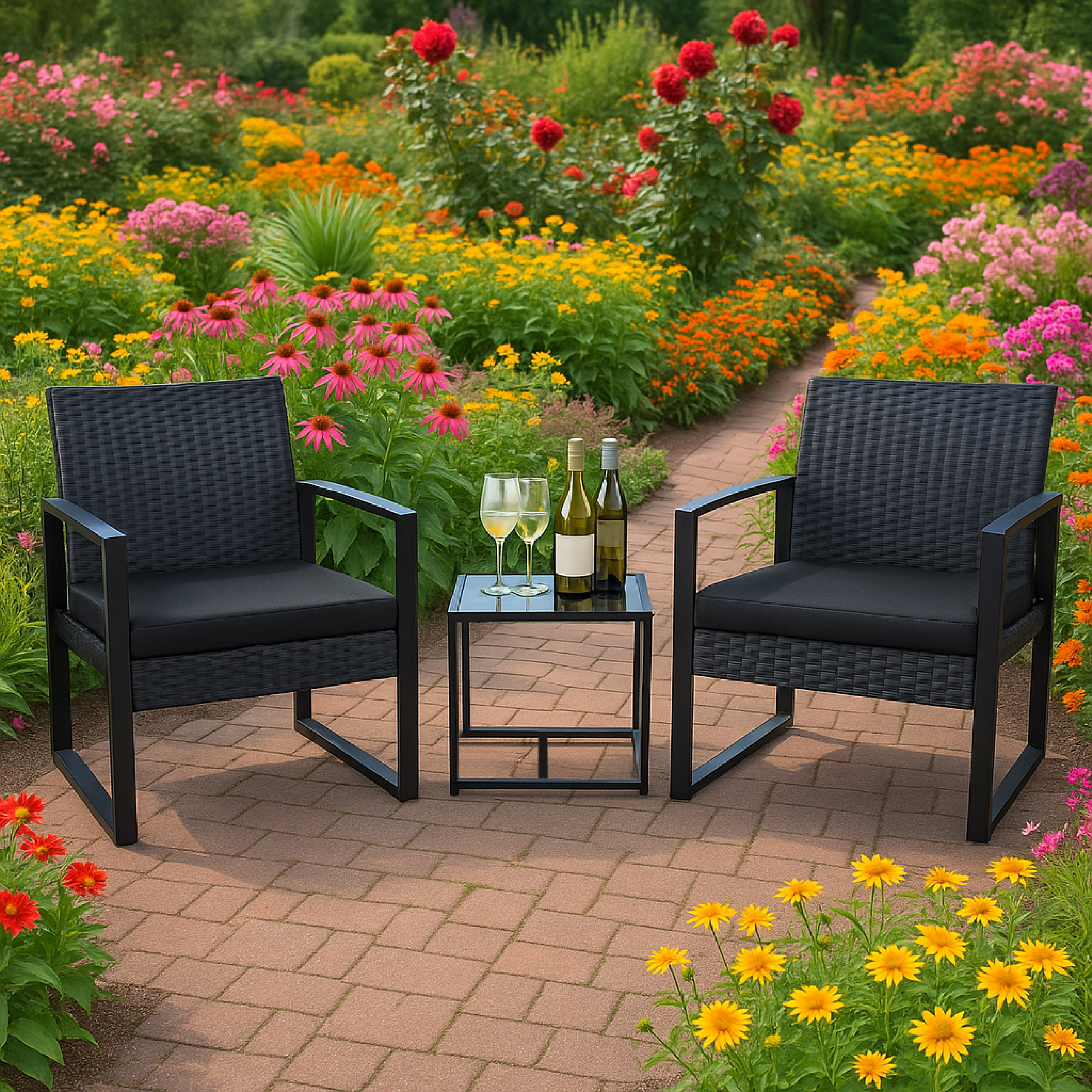 Garten mit zwei schwarzen Stühlen, einem Tisch mit Wein und Gläsern, umgeben von Blumen.