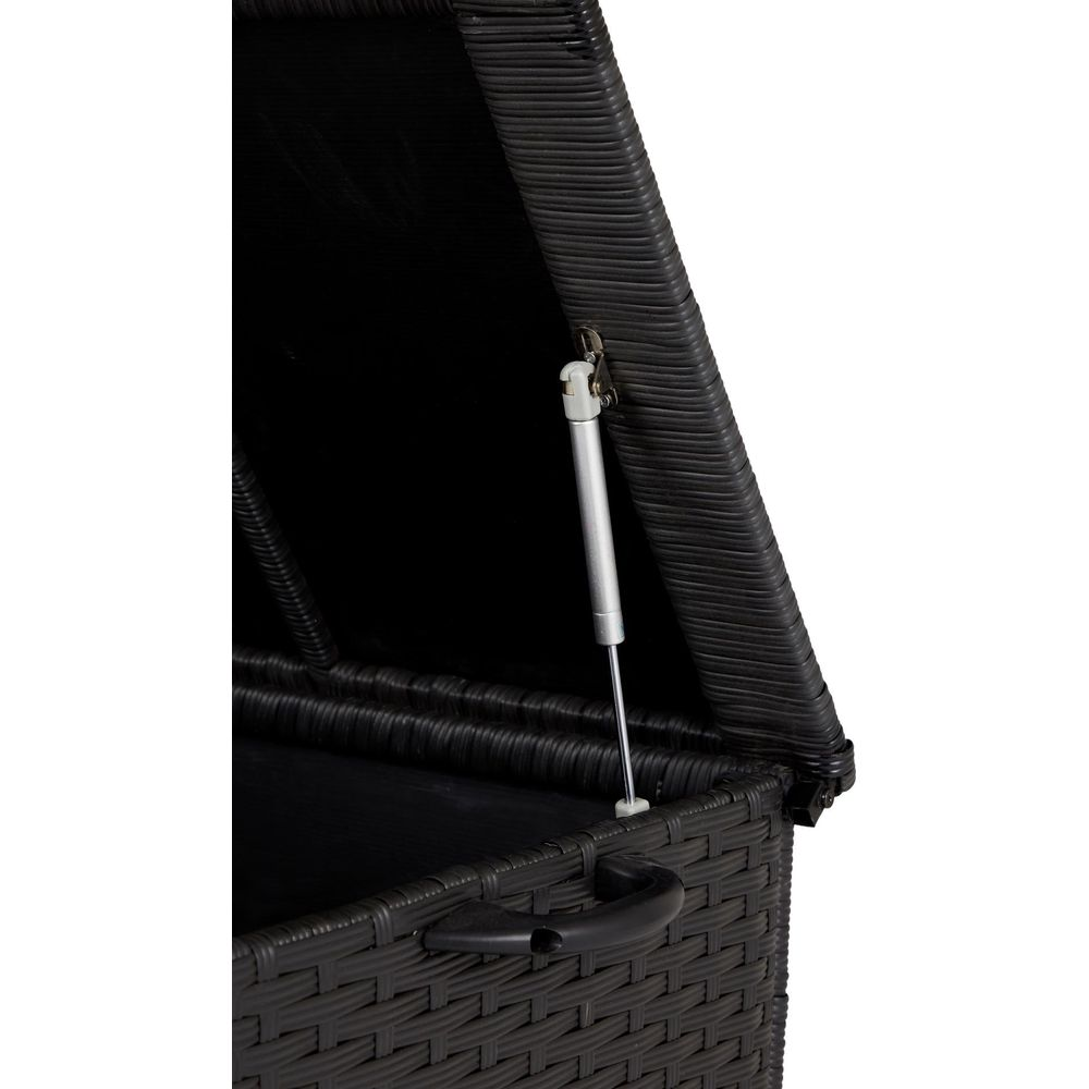 Baúle nero in rattan intrecciato con coperchio aperto e molla a gas.