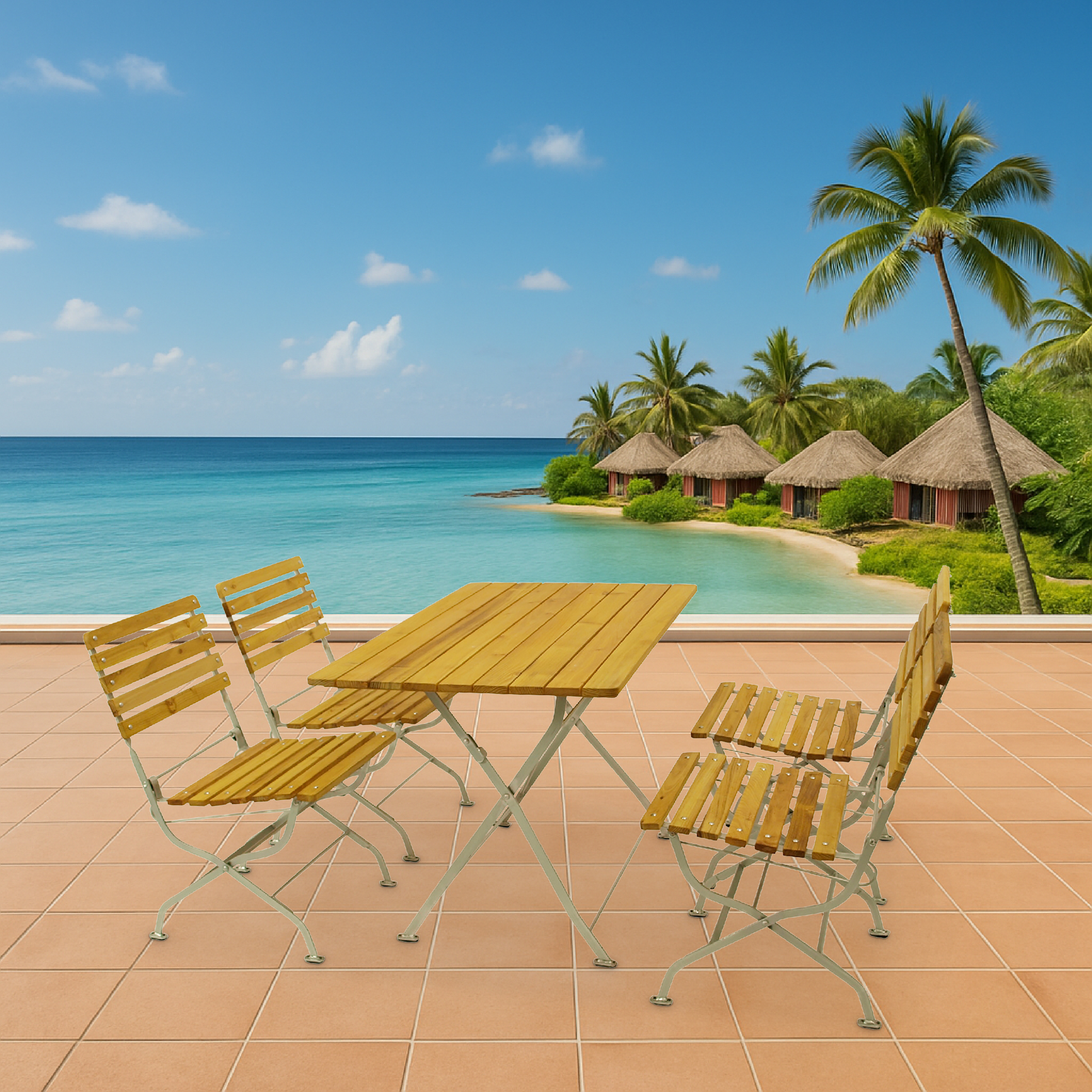 Holztisch und Stühle auf gefliester Terrasse mit Blick auf tropische Hütten und das Meer.