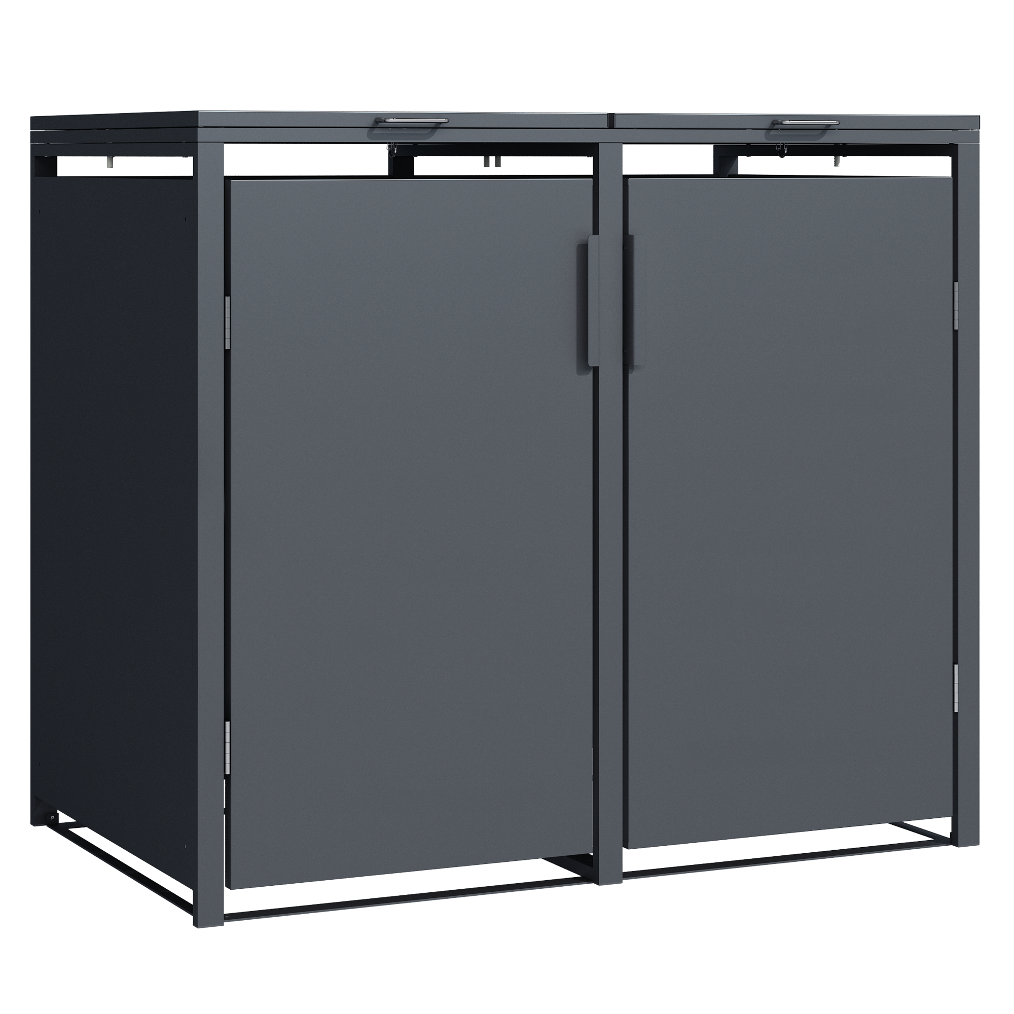 Graue Mülltonnenbox mit zwei Türen und silbernen Griffen.