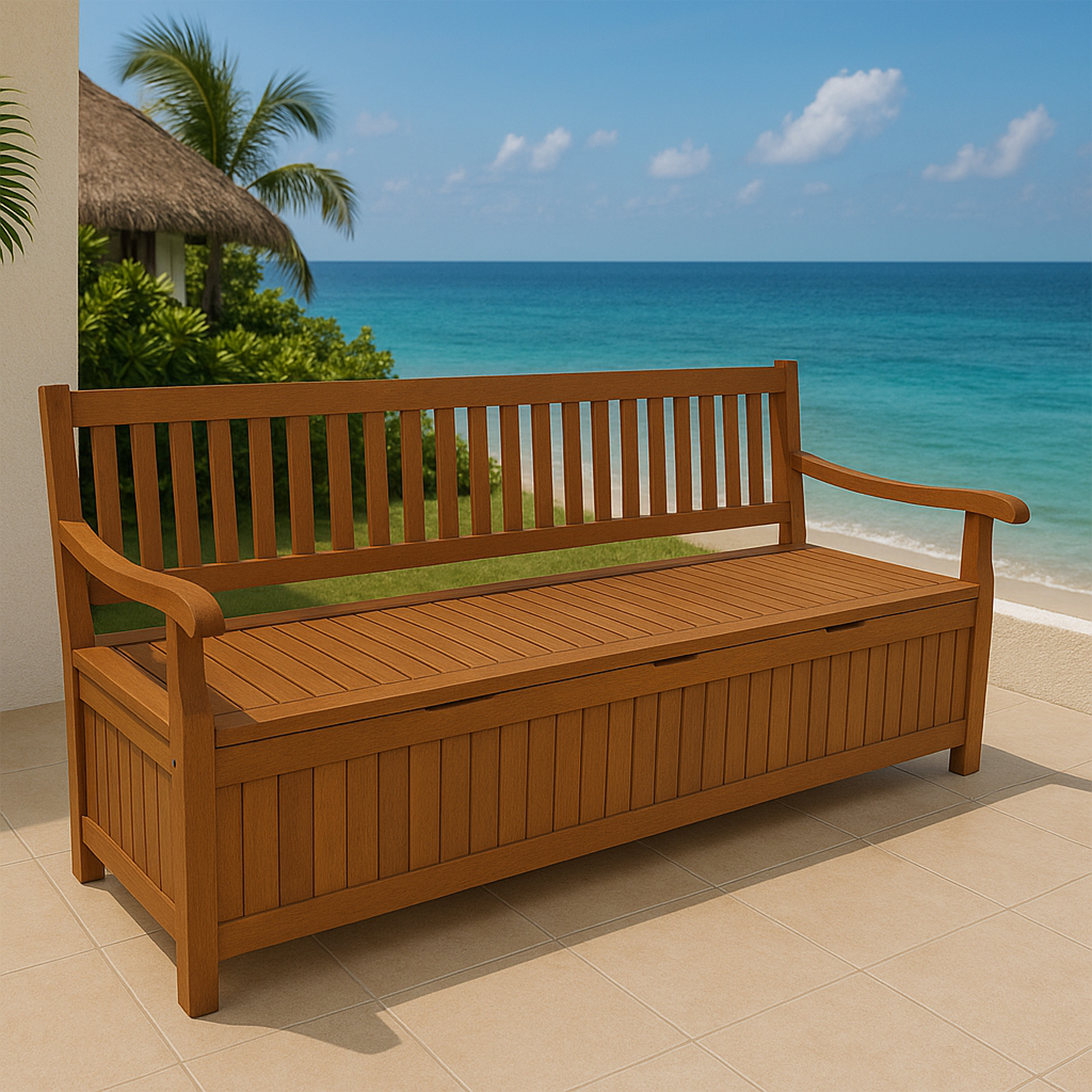 Eine hölzerne Gartenbank mit Stauraum steht auf einer Terrasse am Meer.
