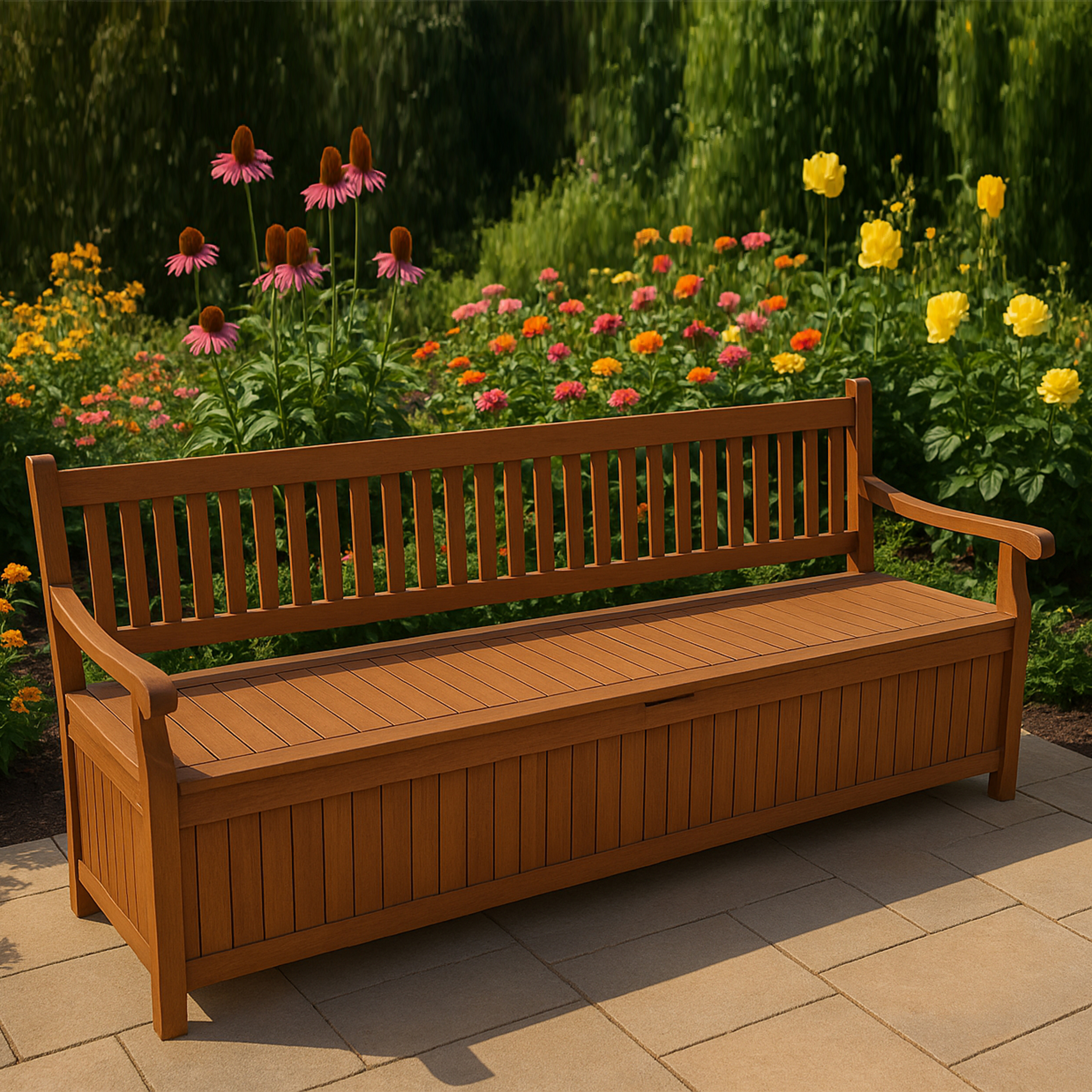 Eine hölzerne Gartenbank steht vor einem Beet mit bunten Blumen und grünen Bäumen.