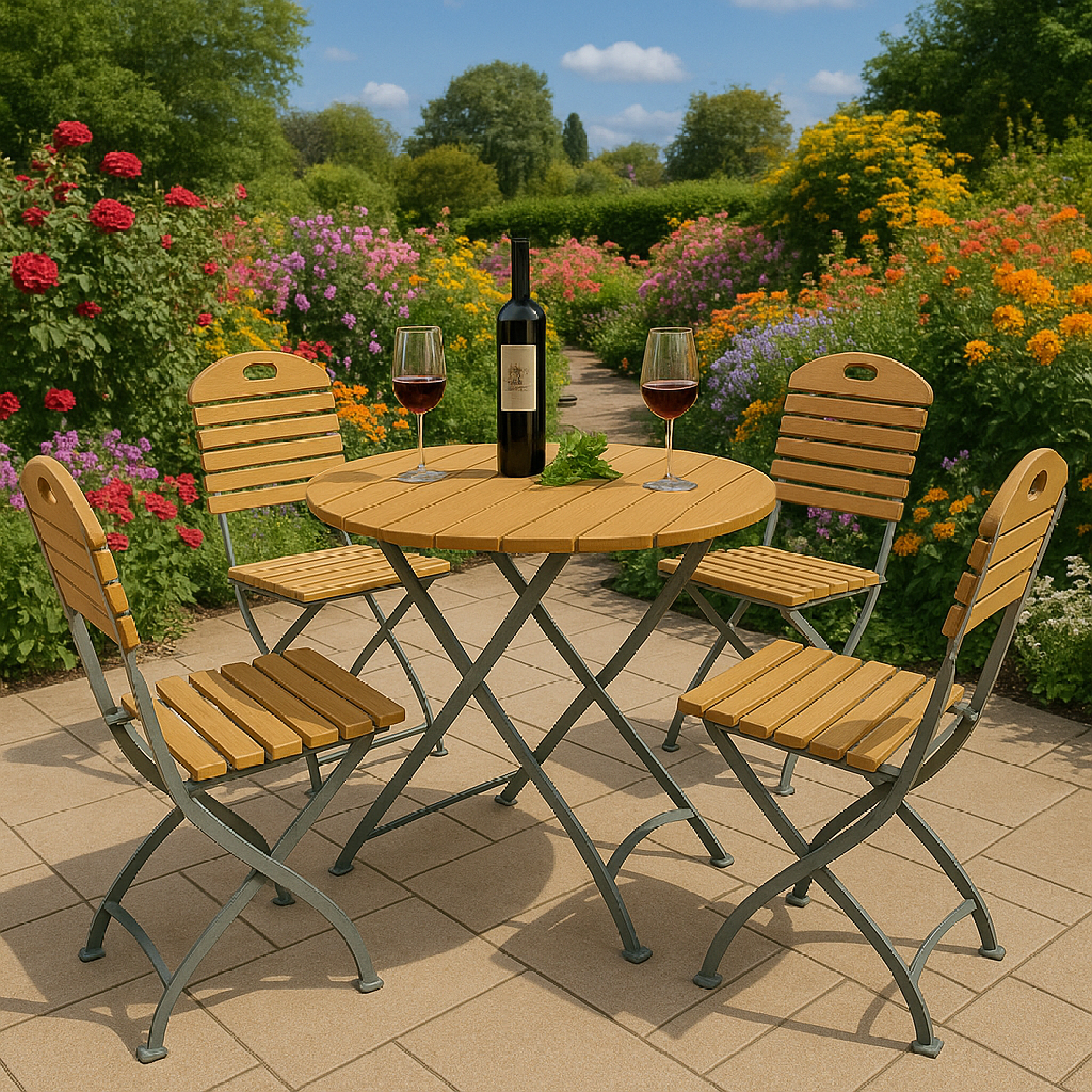 Ein runder Holztisch mit vier Stühlen steht auf einer Terrasse inmitten eines blühenden Gartens.