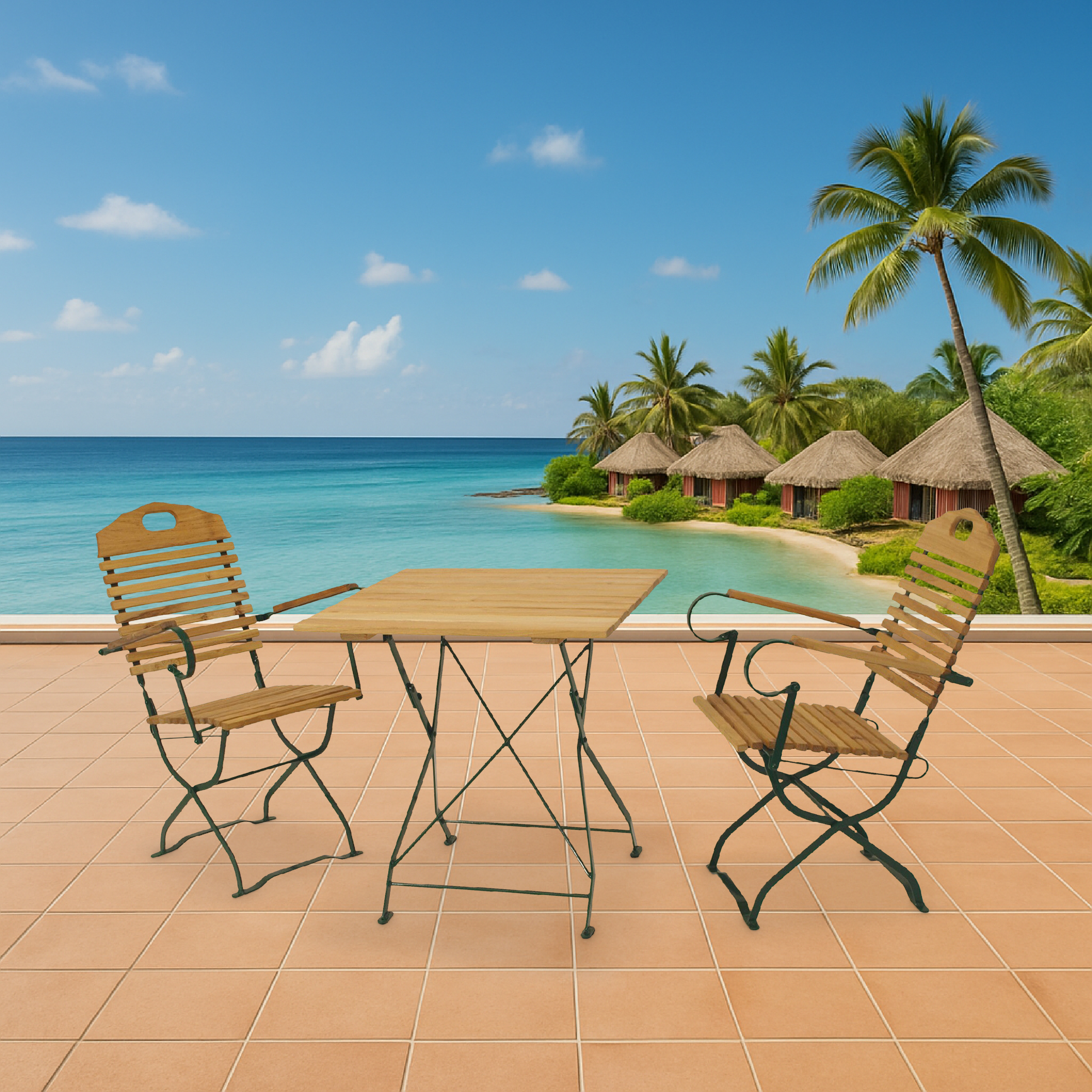 Holztisch und Stühle auf einer Terrasse mit Blick auf das Meer und Hütten.