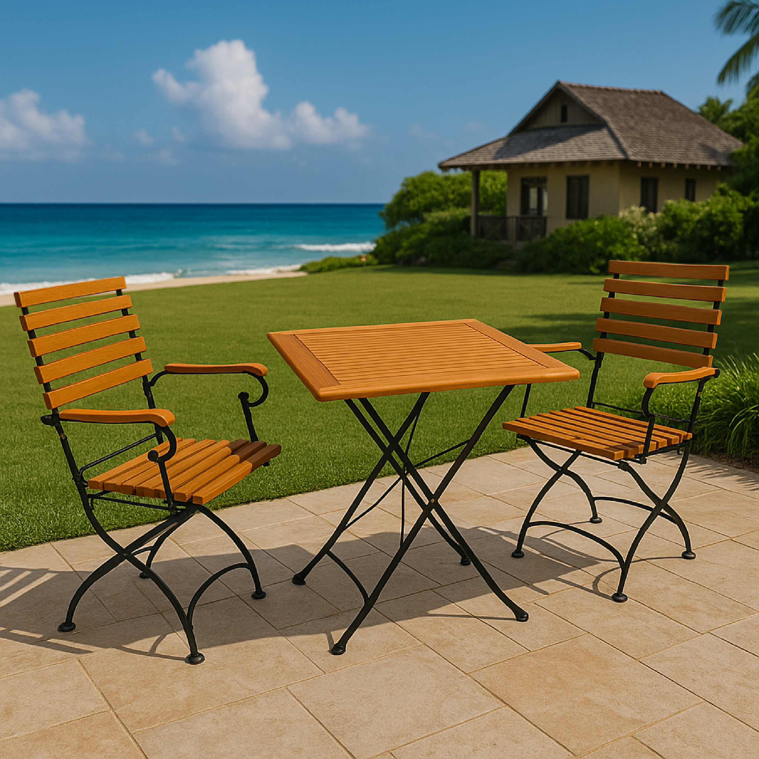 Holztisch und Stühle auf einer Terrasse mit Blick auf das Meer und ein Haus.