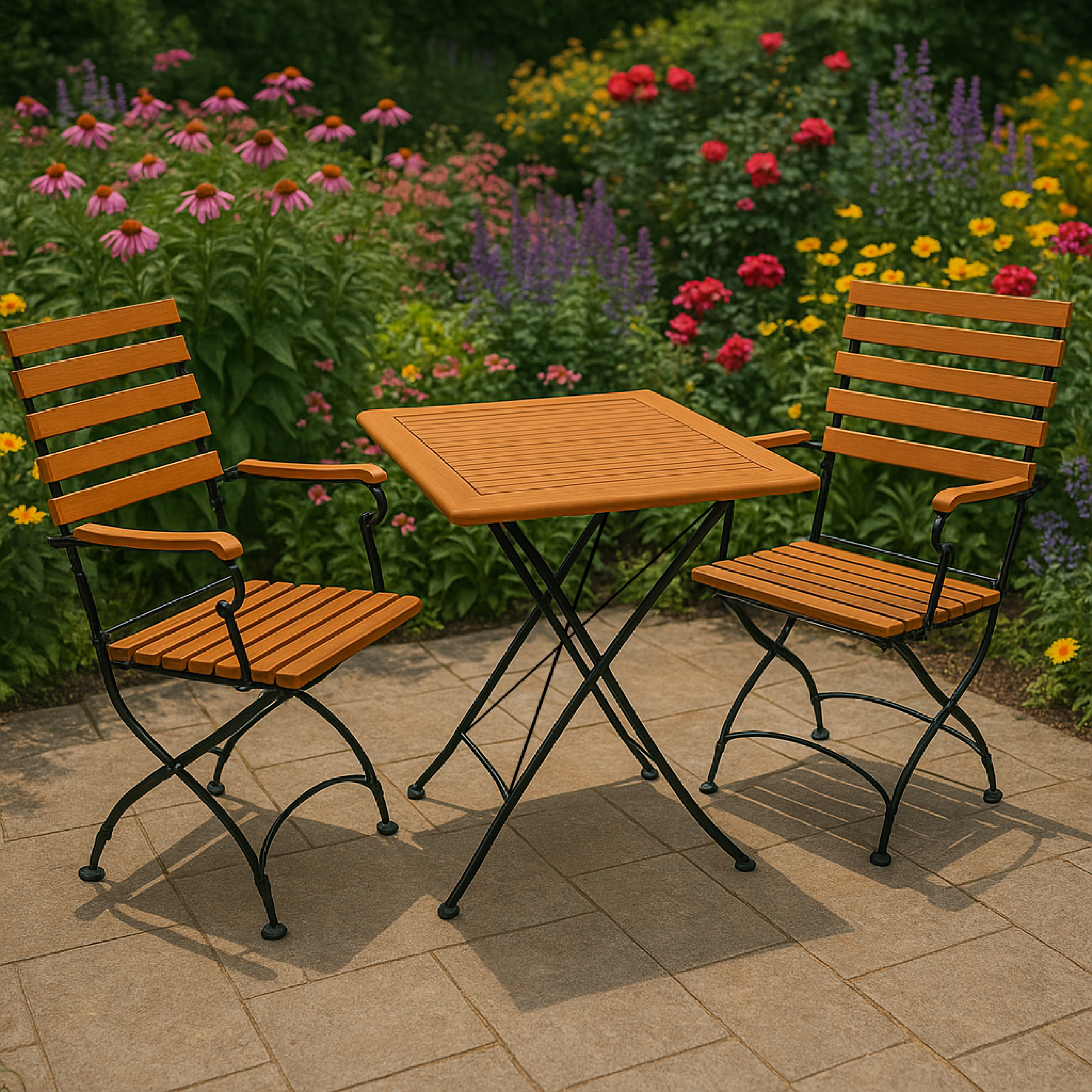 Holztisch und zwei Stühle auf einer Steinterrasse mit Blumen im Hintergrund.