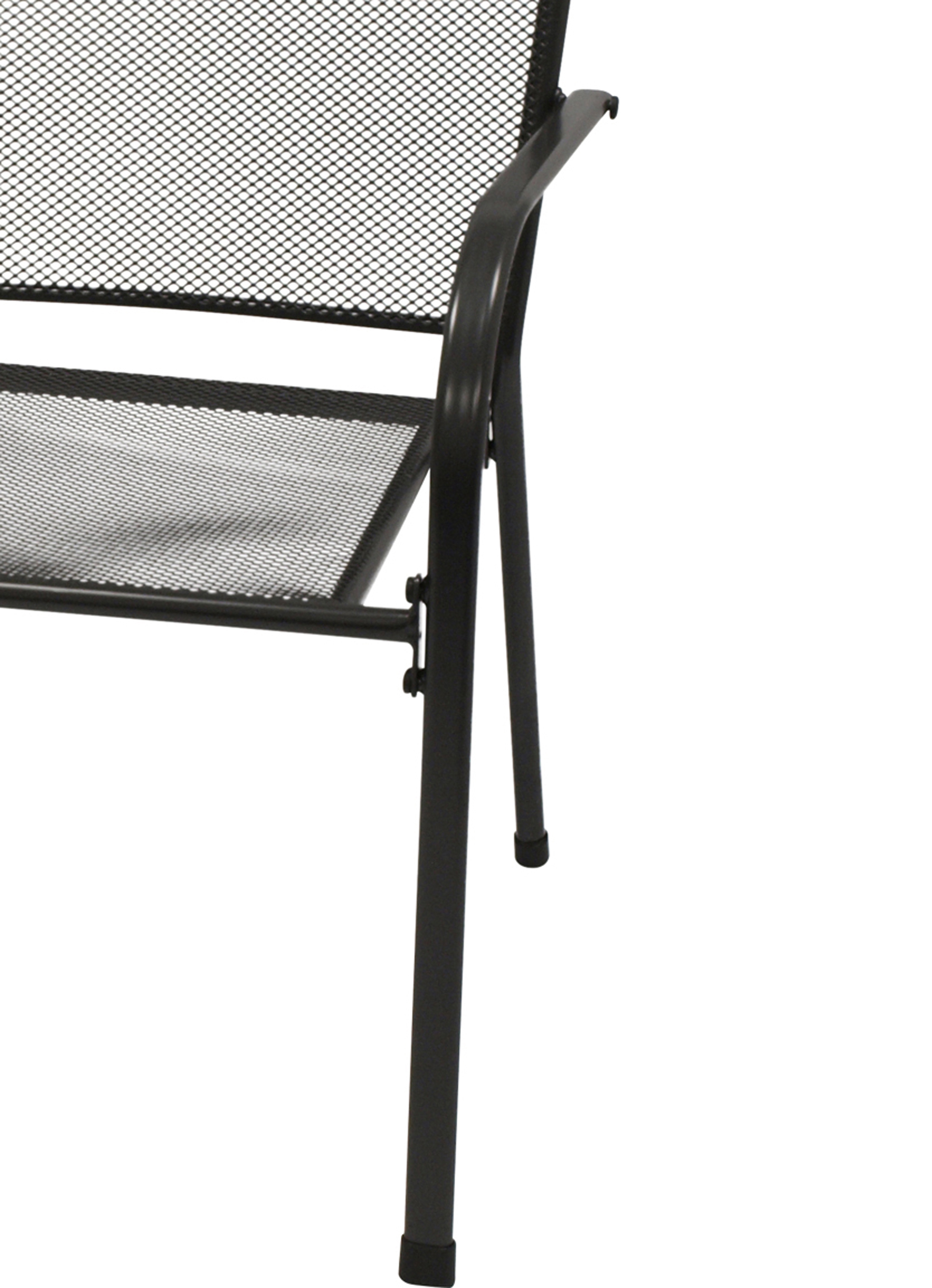 Schwarzmetallstuhl-Detail mit Netzrücken und Sitz.
