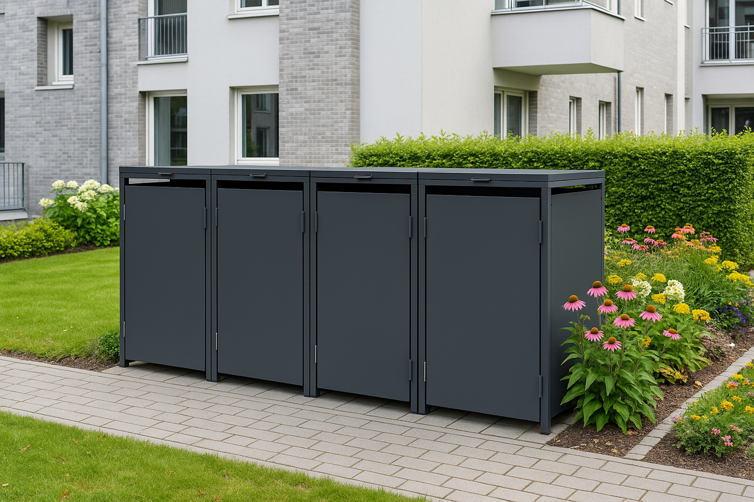 Graue Mülltonnenboxen stehen neben einem gepflasterten Weg und blühenden Blumen.
